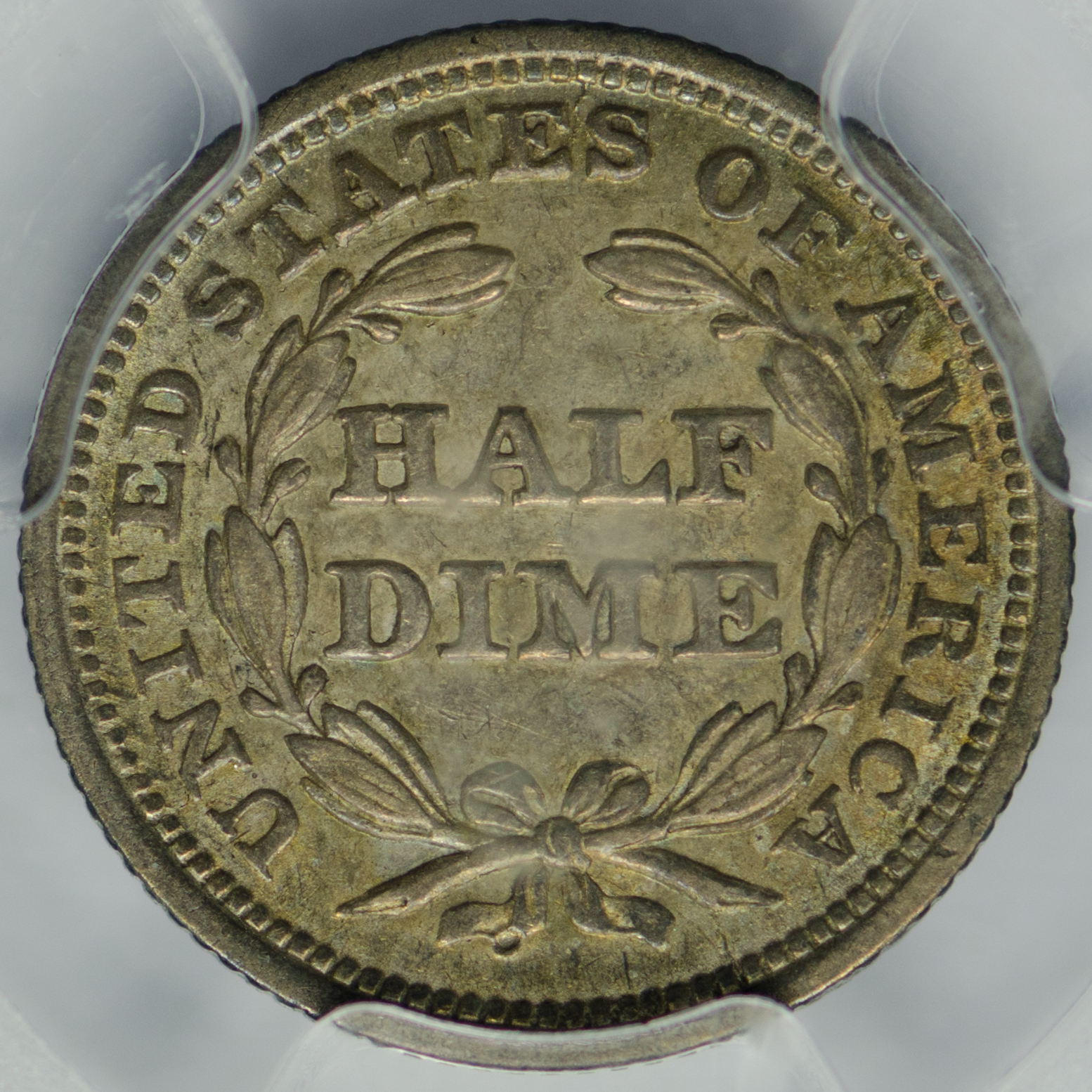 1853 H10C HALF DIME - SEATED LIBERTY, STARS & ARROWS PCGS AU53 26108687 CAC Rev Closeup.jpg