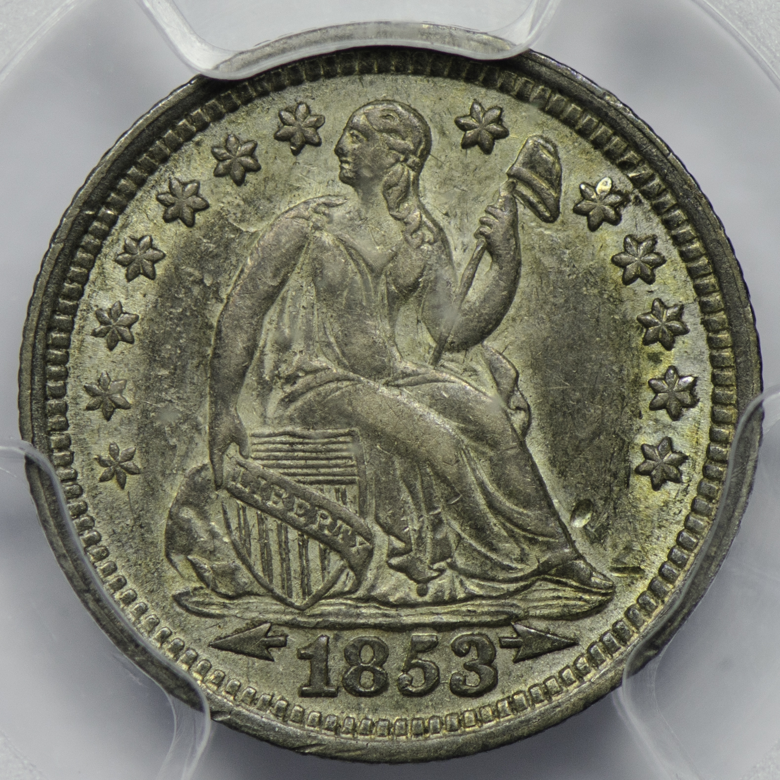 1853 HALF DIME - SEATED LIBERTY, STARS OBVERSE PCGS MS 53 ARROWS, CAC Obv closeup f5.6 105mm-689.jpg