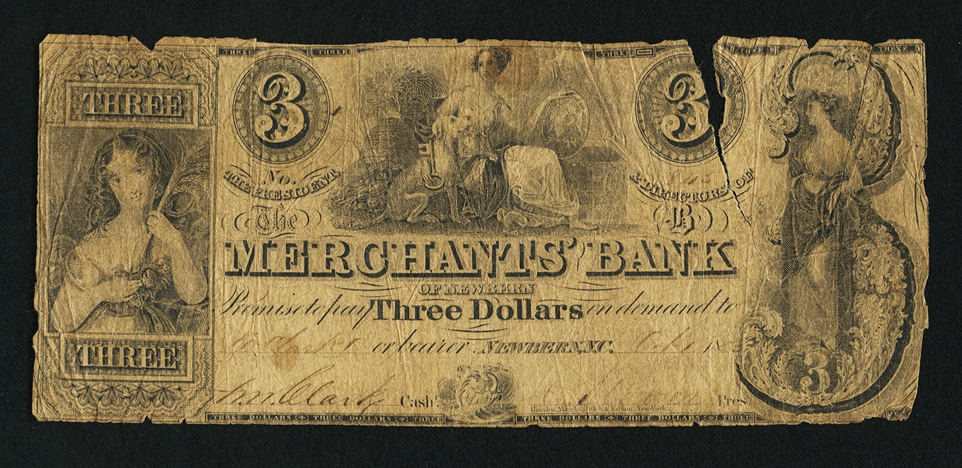 1853 Merchants Bank $3 Front (Tear).jpg