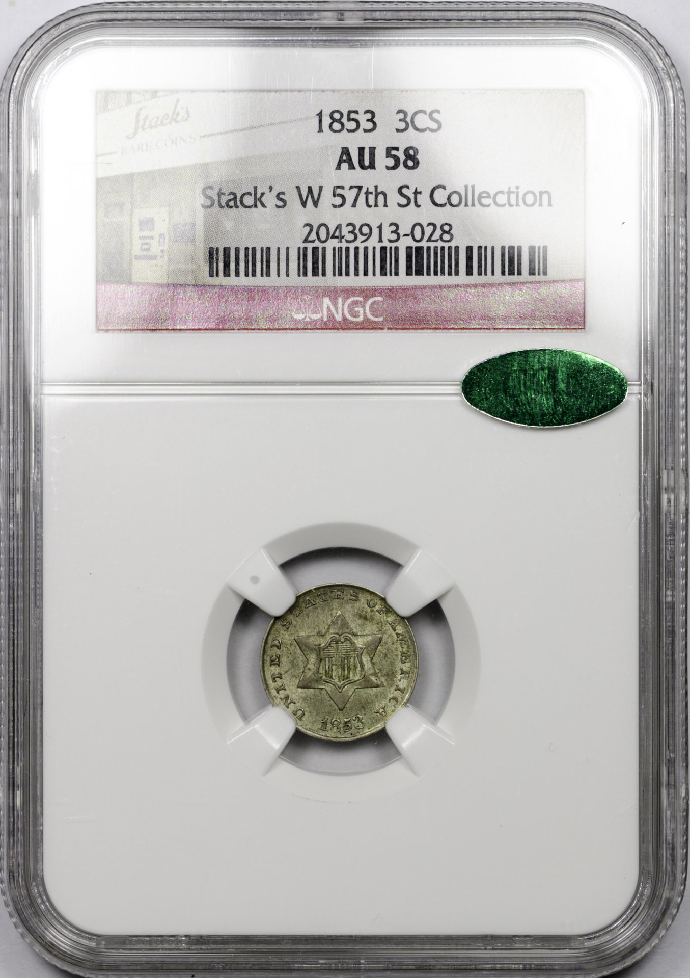 1853 THREE-CENT PIECE - SILVER, TYPE 1 NGC MS 58 TYPE 1, CAC Obv Slab.JPG