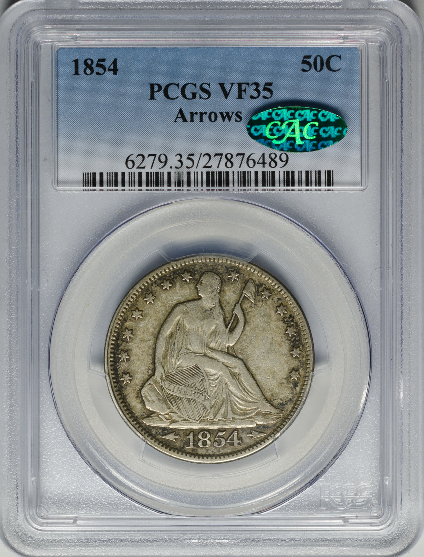 1854 50C HALF DOLLAR - SEATED LIBERTY, NO MOTTO ARROWS PCGS VF35 27876489 CAC Obv Slab.jpg