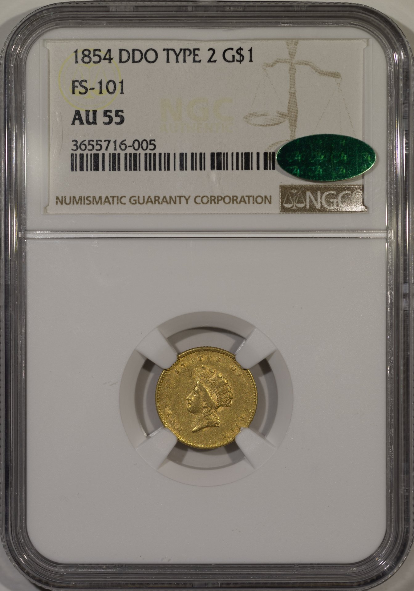1854 $G$1 GOLD DOLLAR - TYPE 2 DDO FS-101 NGC AU55 3655716-005 CAC Obv Slab New Macro.jpg