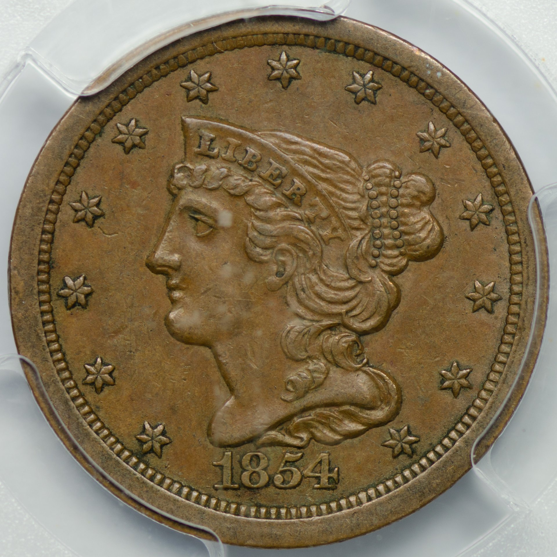 1854 H1C HALF CENT - CORONET, BRAIDED HAIR C-1 PCGS AU50BROWN 24081892 CAC Obv Closeup.jpg