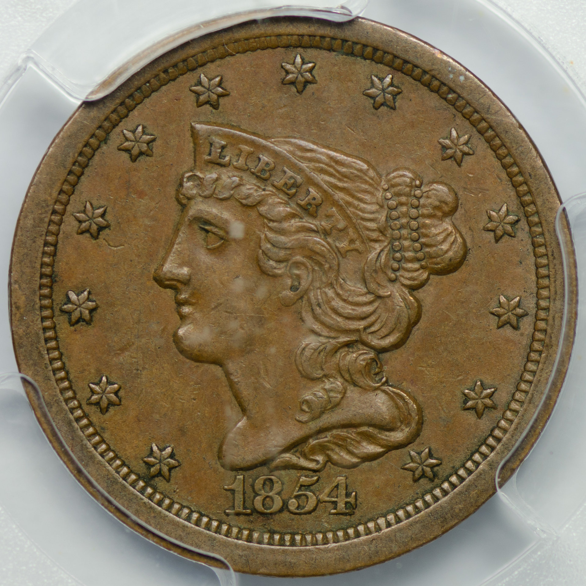 1854 H1C HALF CENT - CORONET, BRAIDED HAIR C-1 PCGS AU50BROWN 24081892 CAC Obv Closeup.jpg