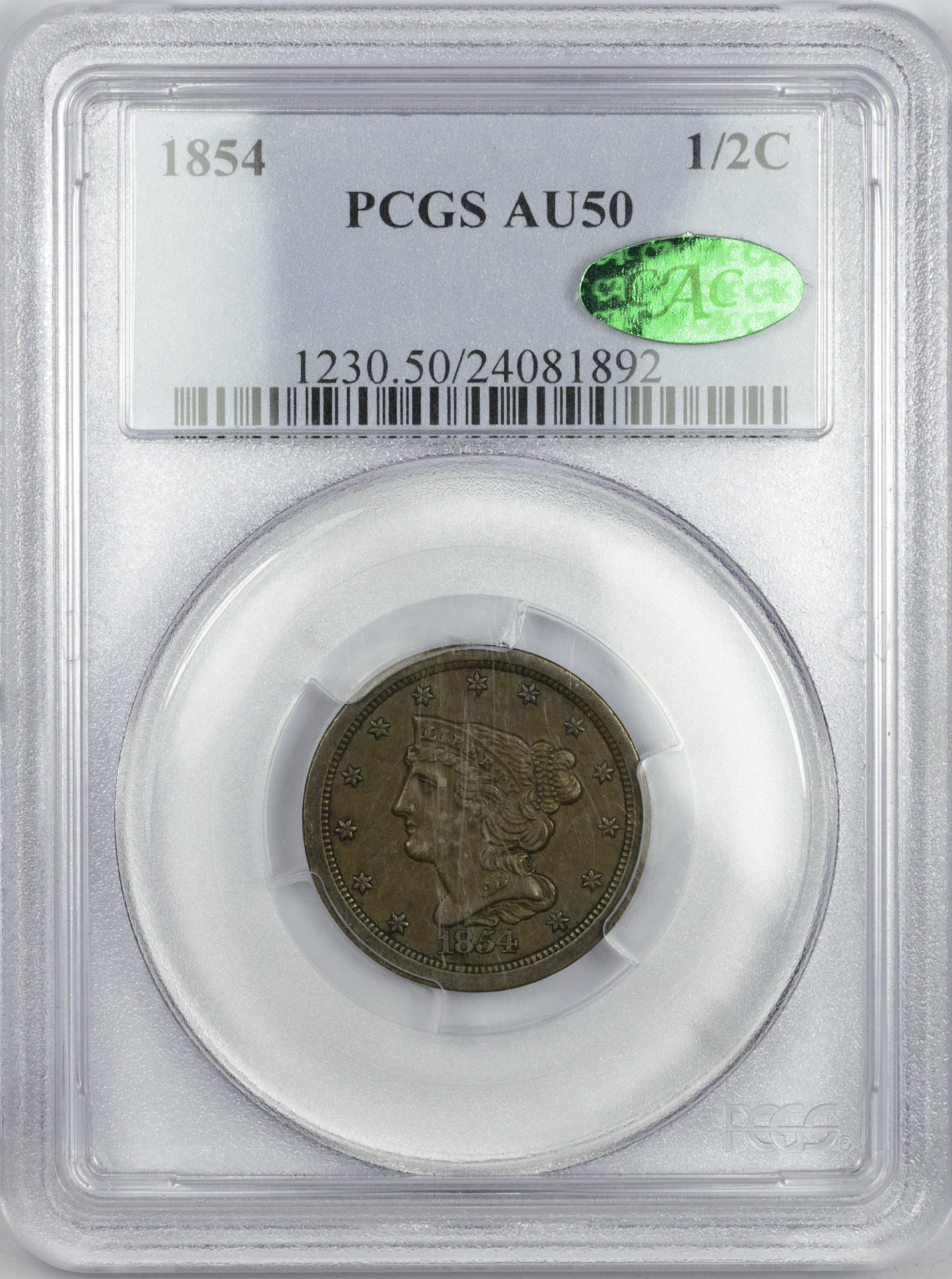 1854 H1C HALF CENT - CORONET, BRAIDED HAIR C-1 PCGS AU50BROWN 24081892 CAC Obv Slab.jpg