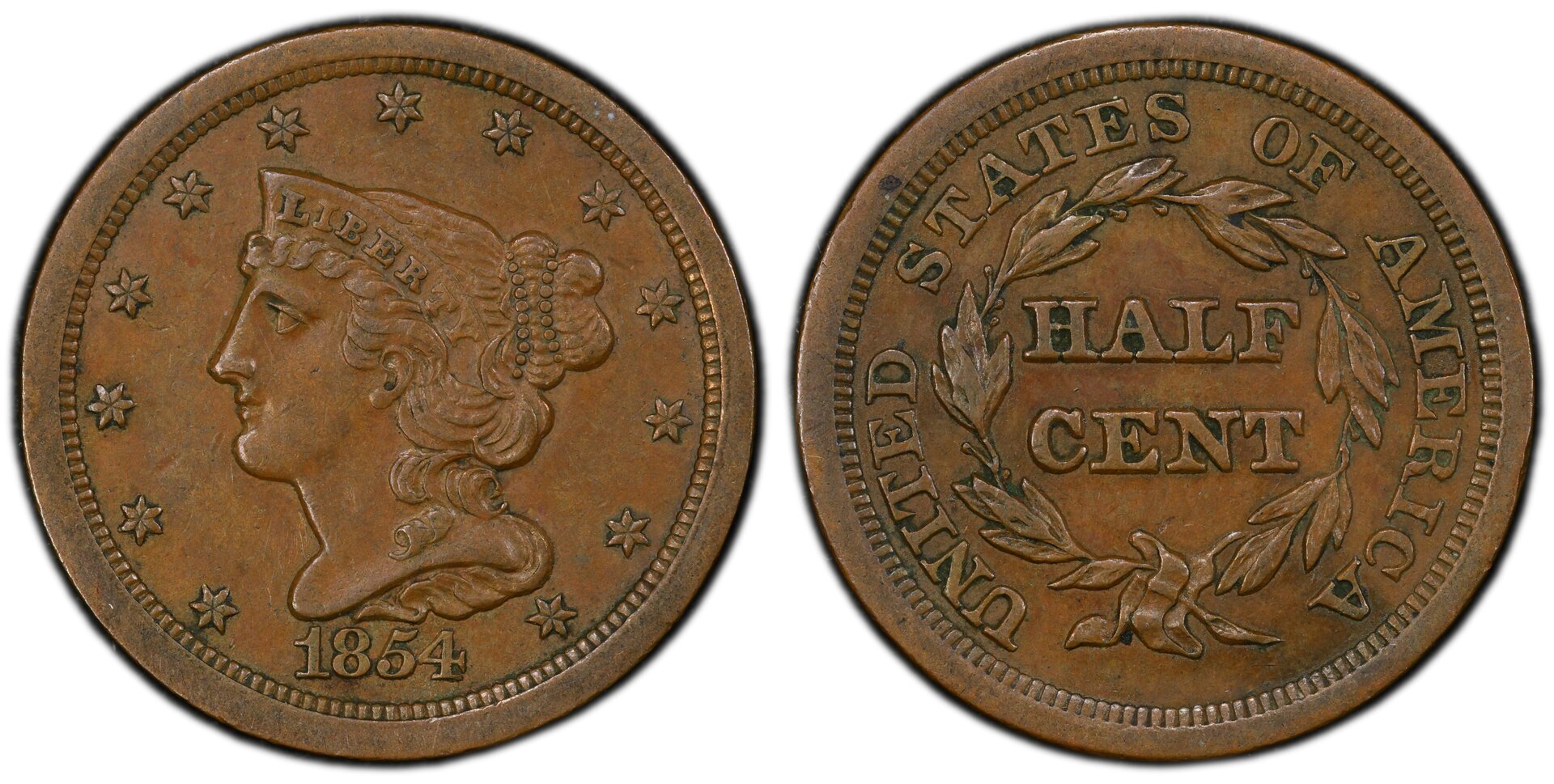 1854 HALF CENT - CORONET BRAIDED HAIR C-1 PCGS AU50BROWN 24081892 CAC Coinfacts.jpg