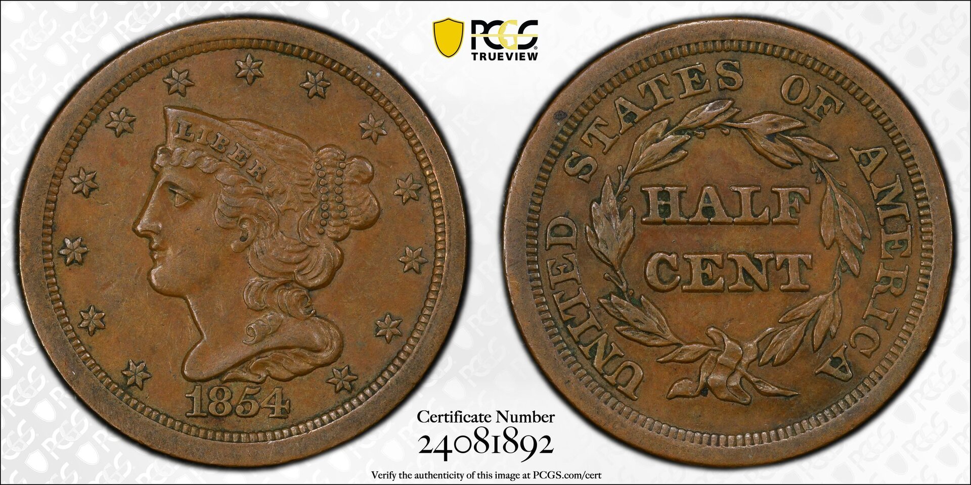 1854 HALF CENT - CORONET BRAIDED HAIR C-1 PCGS AU50BROWN 24081892 CAC TrueView.jpg