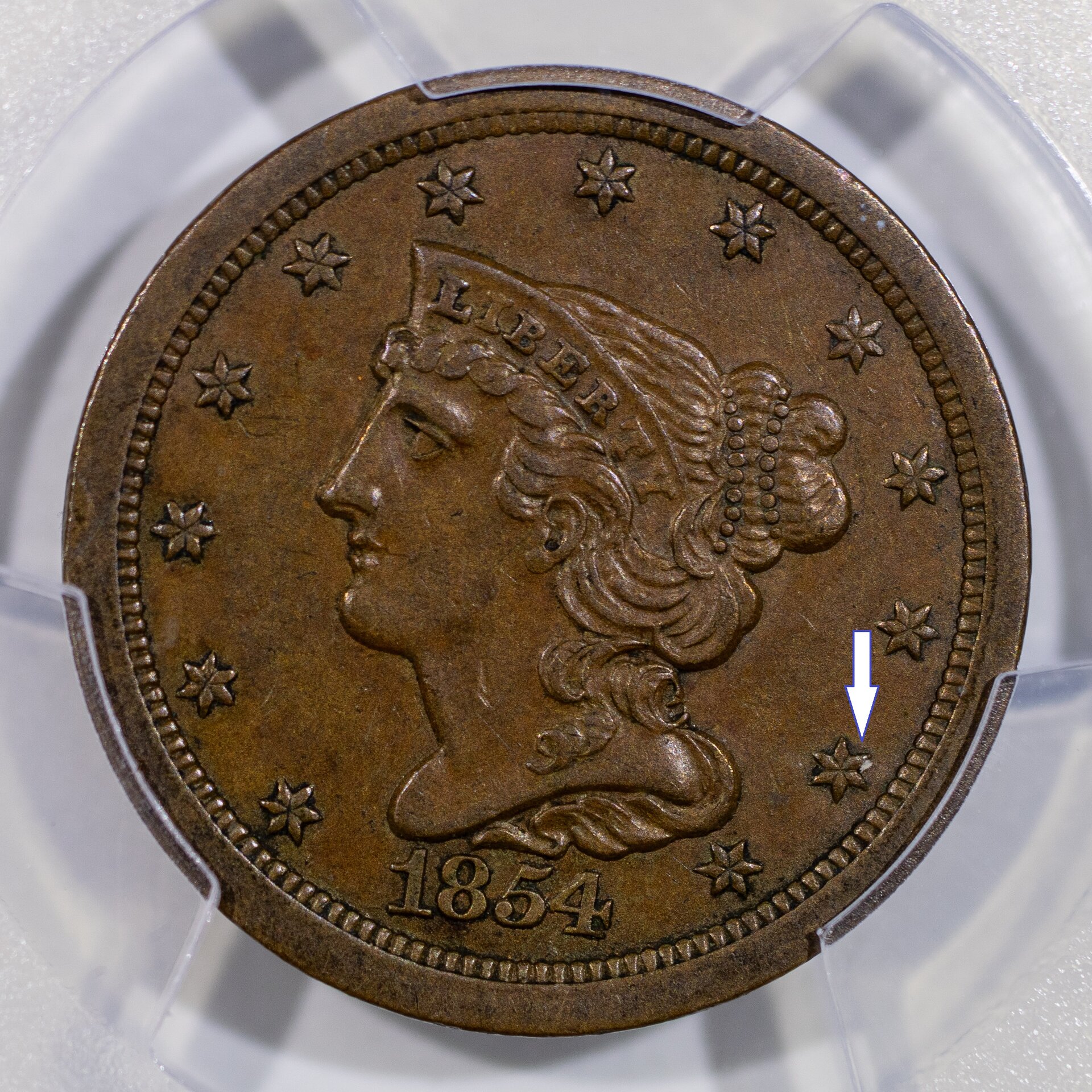 1854 HALF CENT - CORONET - BRAIDED HAIR C-1 PCGS AU50BROWN 24081892 closeup issue.jpg