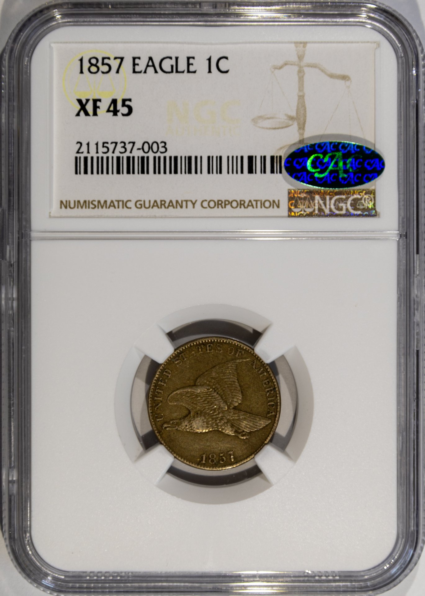 1857 1C CENT - FLYING EAGLE NGC XF45 2115737-003 CAC Obv Slab New 2.jpg