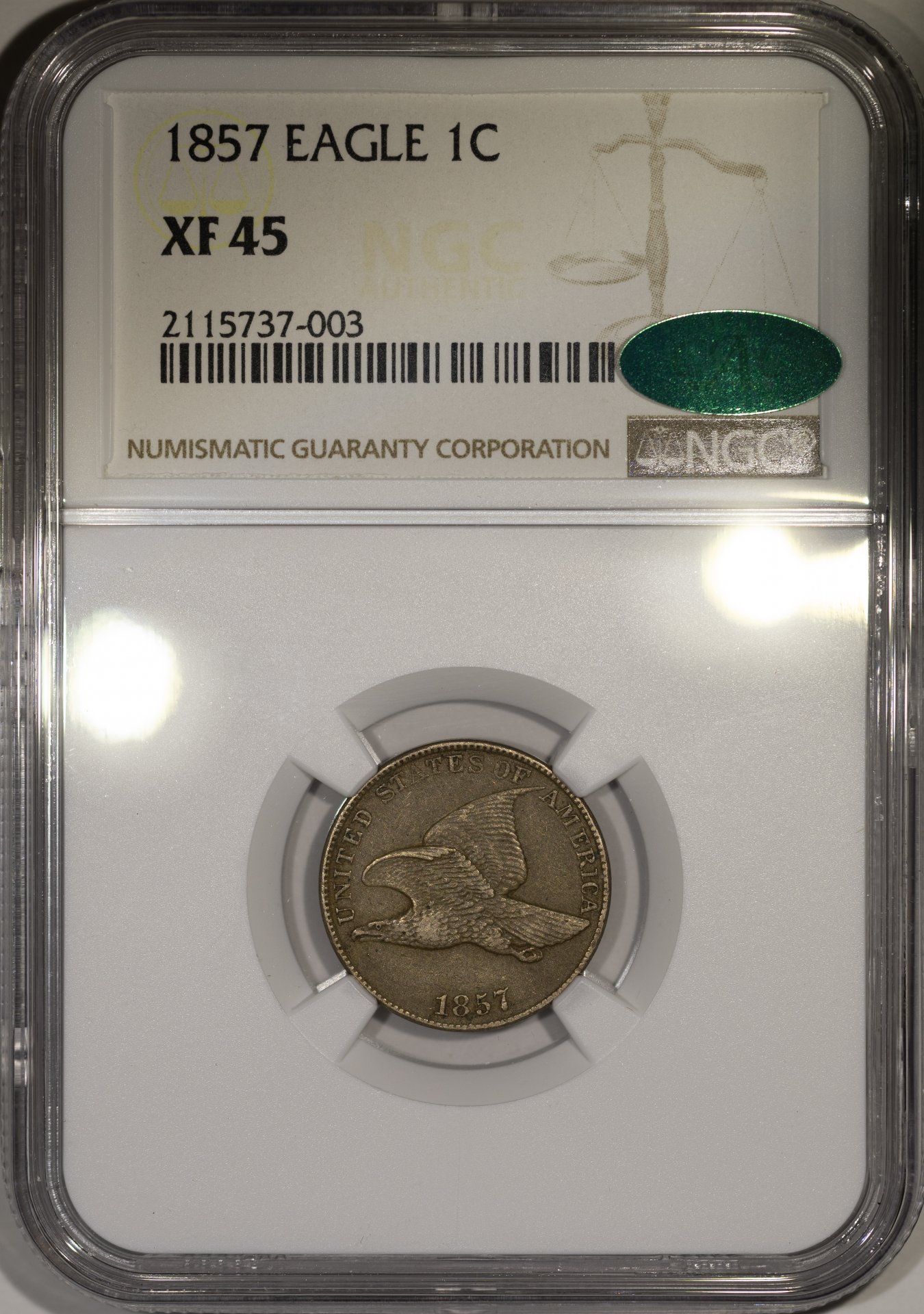 1857 1C CENT - FLYING EAGLE NGC XF45 2115737-003 CAC Obv Slab New Macro.jpg
