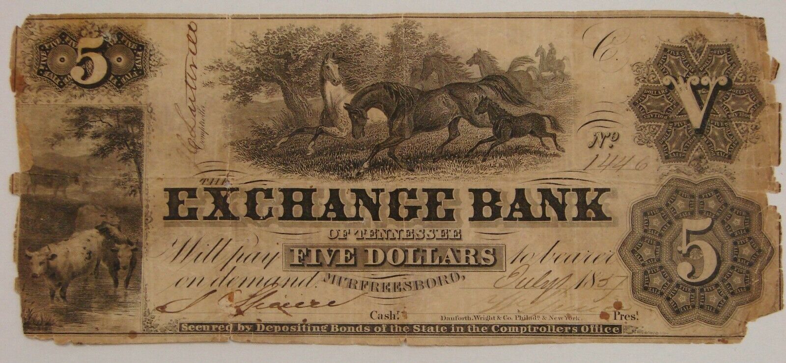 1857 $5 Exchange Bank of Murfreesboro TN Obverse.jpg