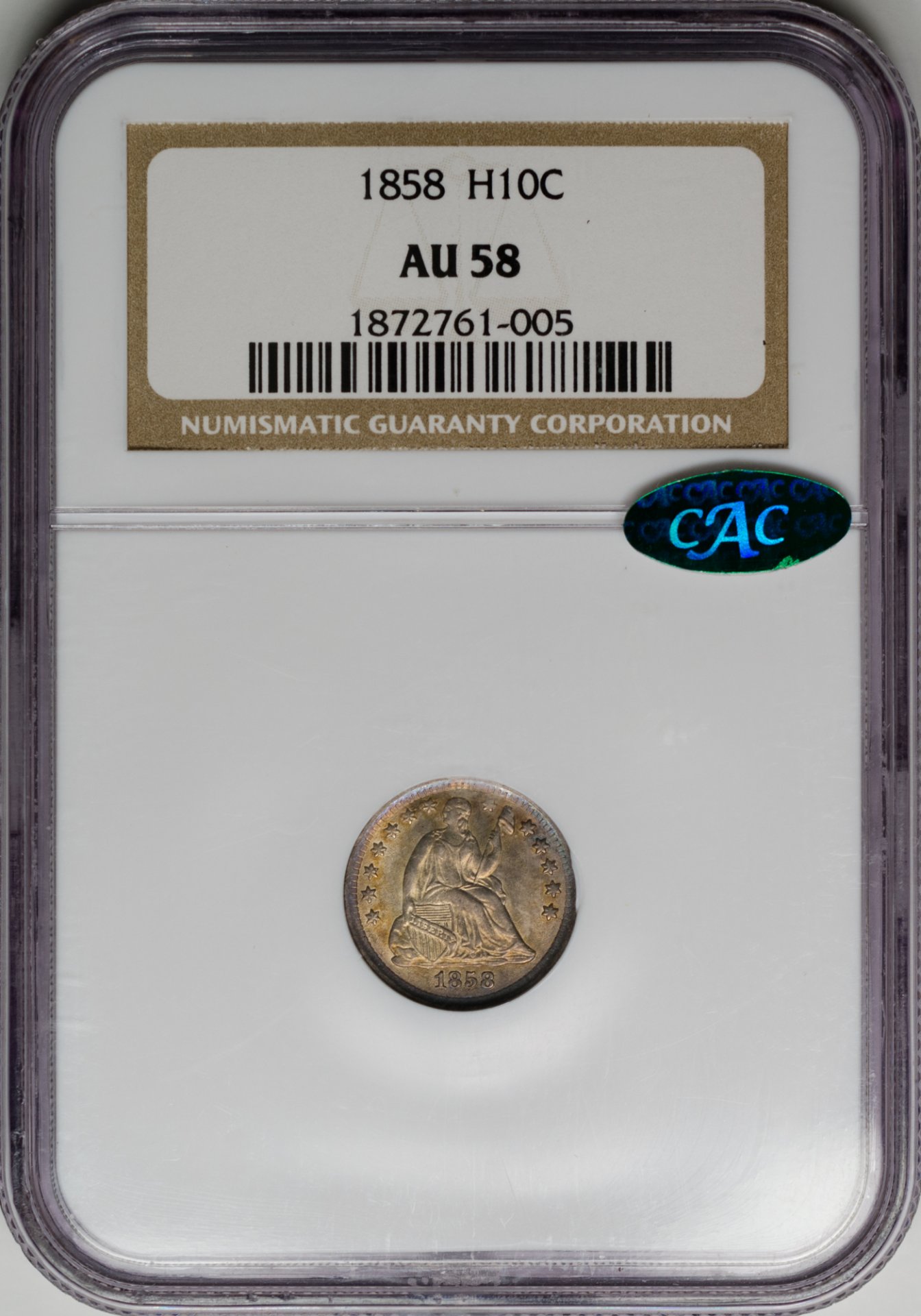 1858 5C HALF DIME - SEATED LIBERTY, STARS OBVERSE NGC AU58 1872761-005 CAC Obv Slab.jpg