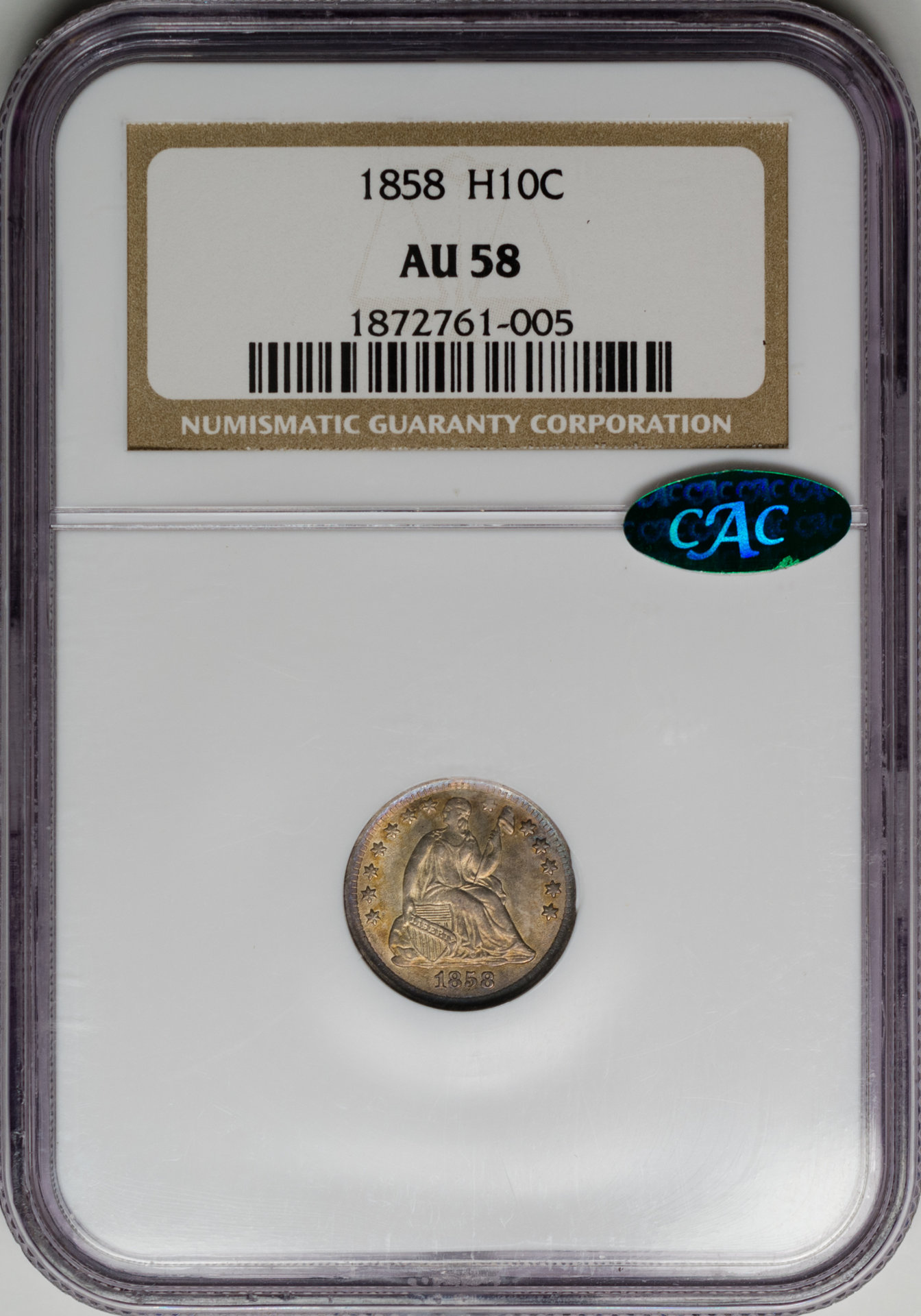 1858 5C HALF DIME - SEATED LIBERTY, STARS OBVERSE NGC AU58 1872761-005 CAC Obv Slab.jpg