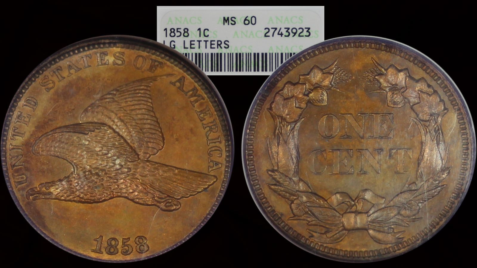 1858 LG letters Flying Eagle MS60.jpg