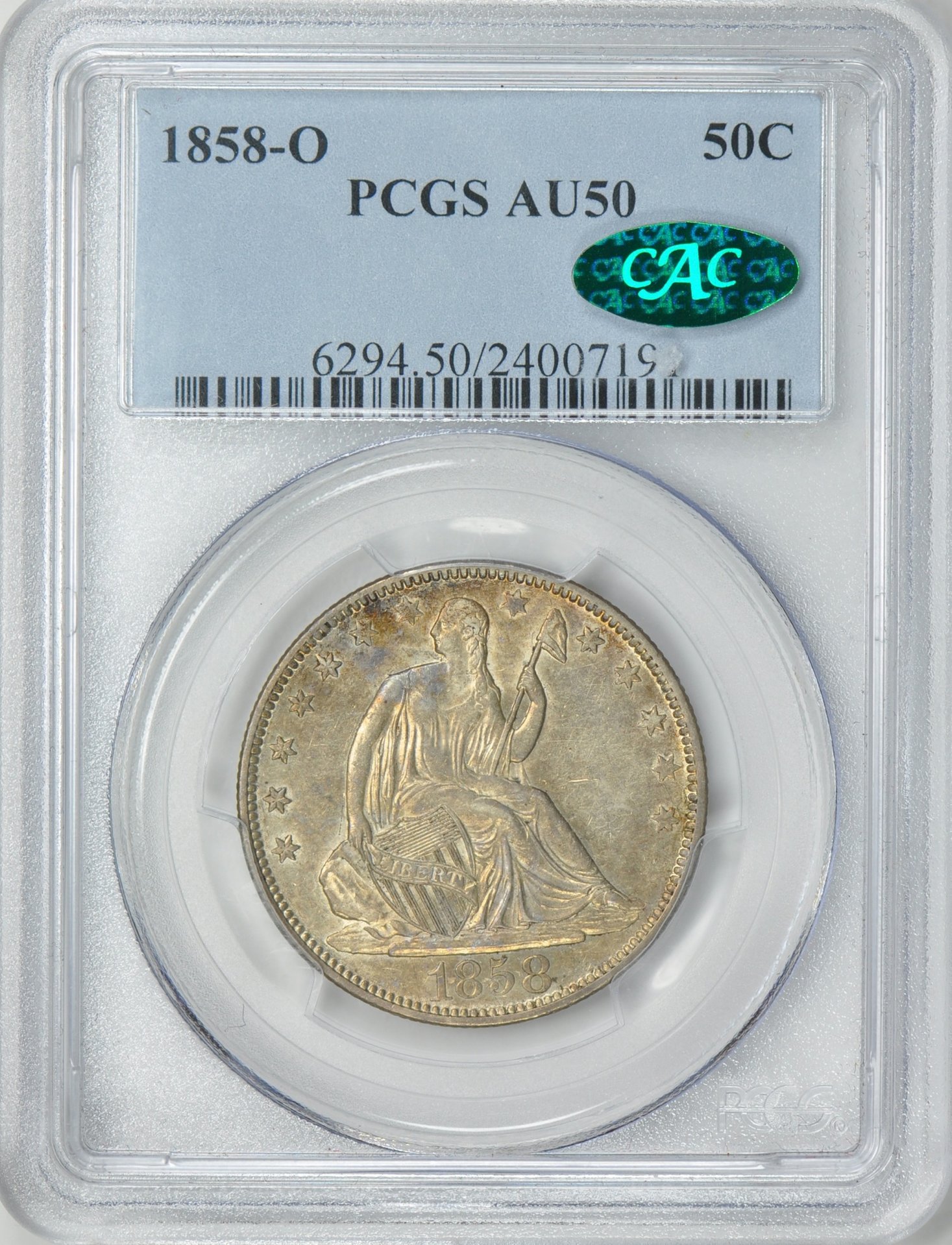 1858 O 50C HALF DOLLAR - SEATED LIBERTY, NO MOTTO PCGS AU50 24007191 CAC Obv Slab GC.jpg