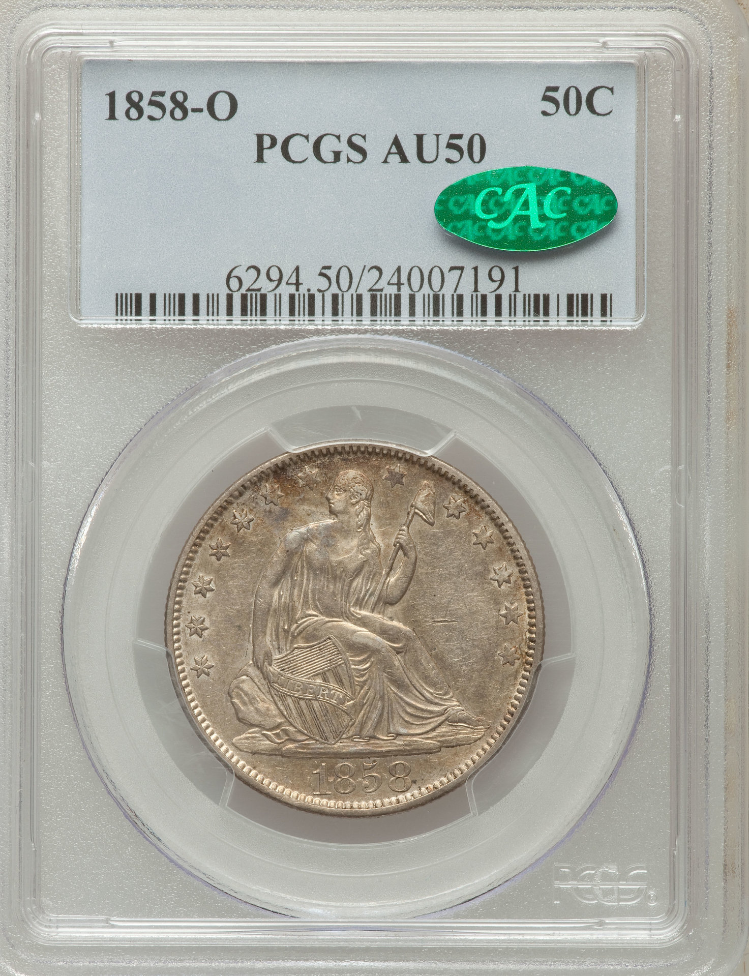 1858 O 50C HALF DOLLAR - SEATED LIBERTY, NO MOTTO PCGS AU50 24007191 CAC Obv Slab HA.jpg
