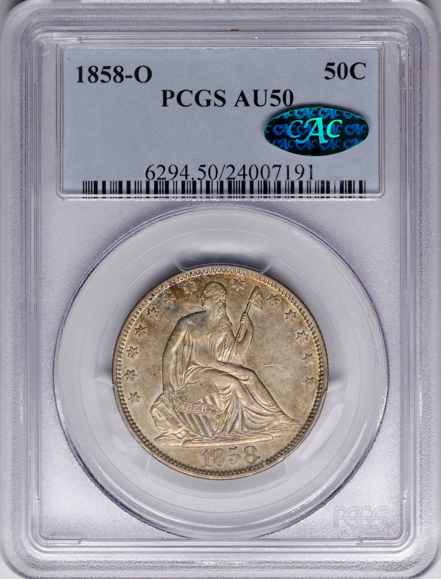 1858 O 50C HALF DOLLAR - SEATED LIBERTY, NO MOTTO PCGS AU50 24007191 CAC Obv Slab.jpg