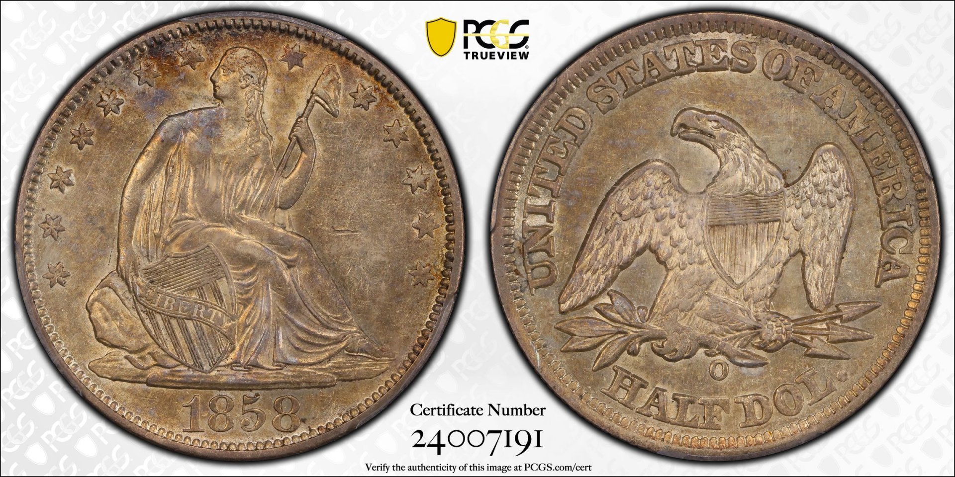 1858 O 50C Half Dollar - Seated Liberty, No Motto PCGS AU50 24007191 CAC TrueView Full.jpg