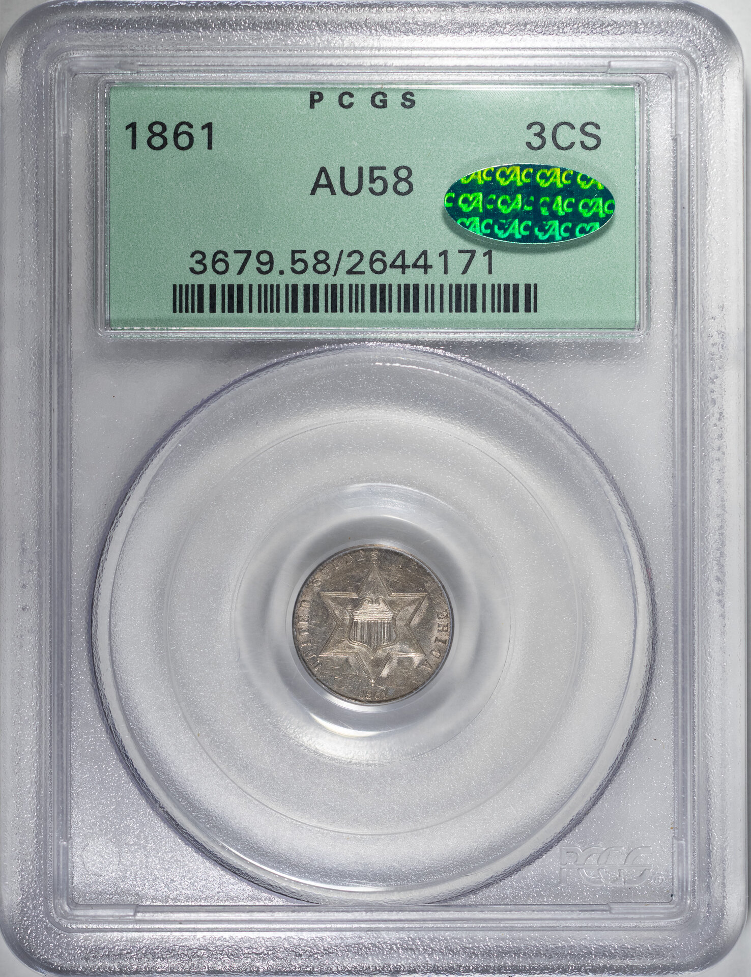 1861 3C THREE CENT PIECE - SILVER, TYPE 3, LARGE STAR, TWO LINES PCGS AU58 2644171 CAC Obv Slab.jpg