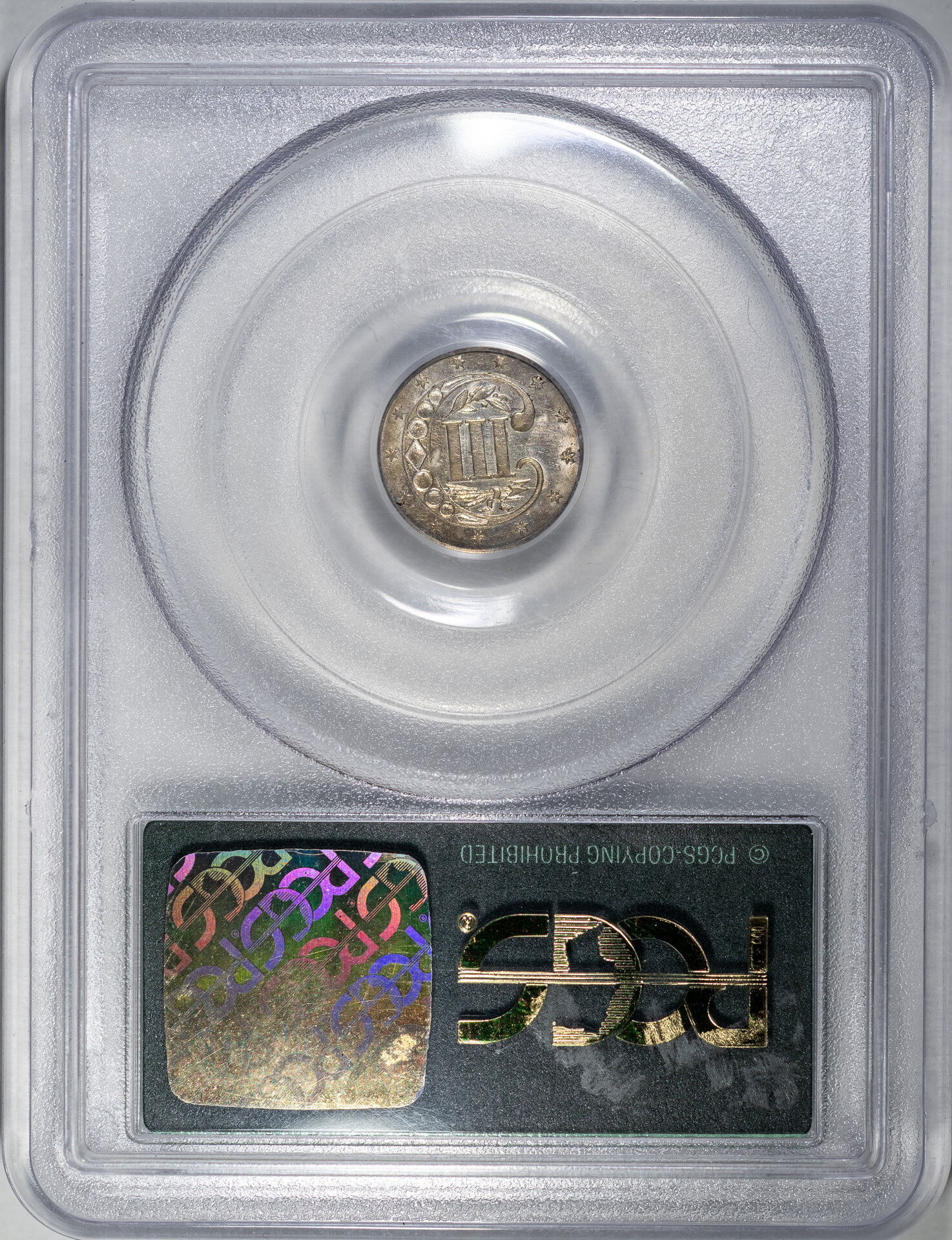 1861 3C THREE CENT PIECE - SILVER, TYPE 3, LARGE STAR, TWO LINES PCGS AU58 2644171 CAC Rev Slab.jpg