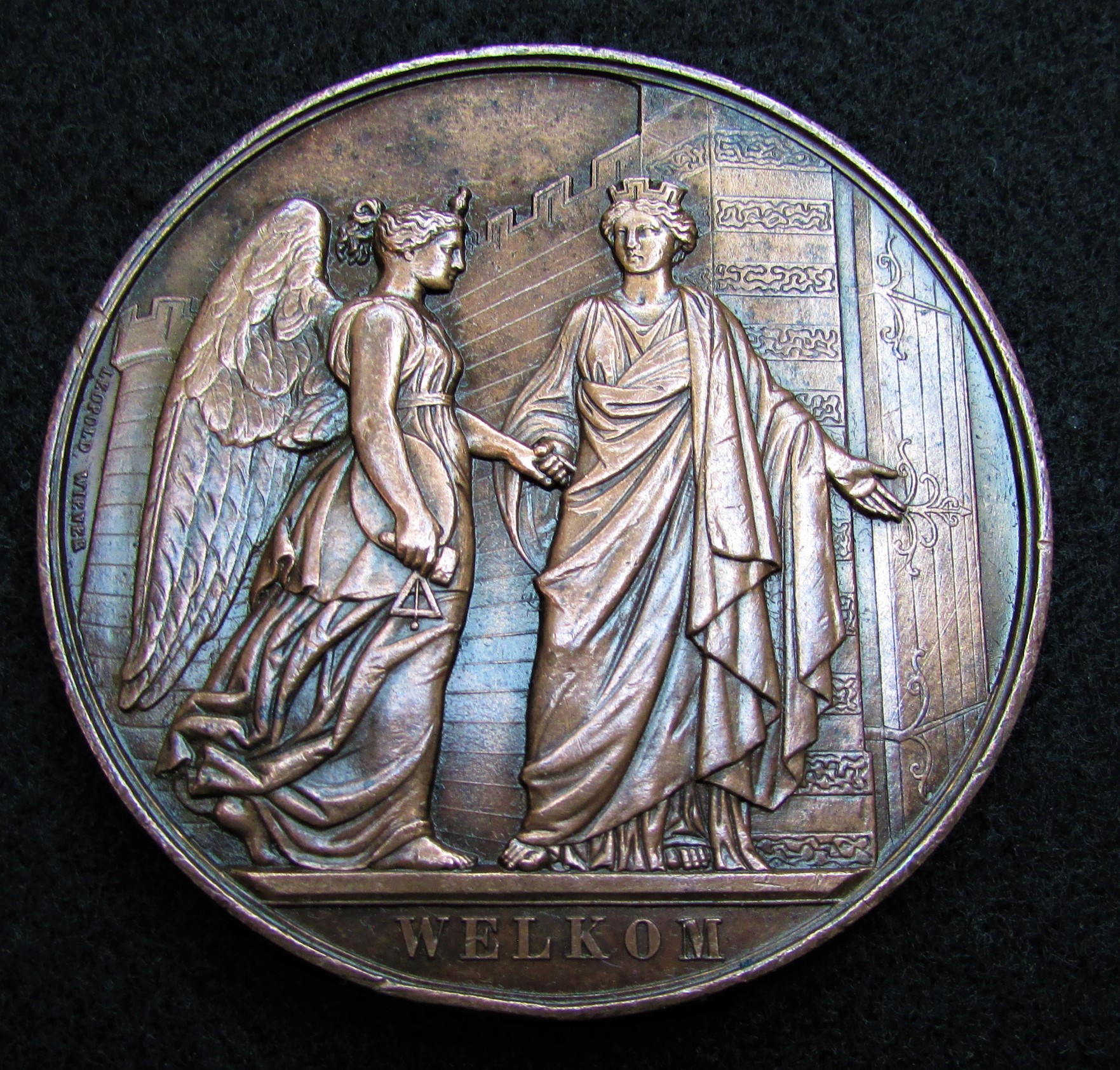 1861 Belgian Art Festival Medal - Welcoming Angel-Bull Harvest - obverse.JPG