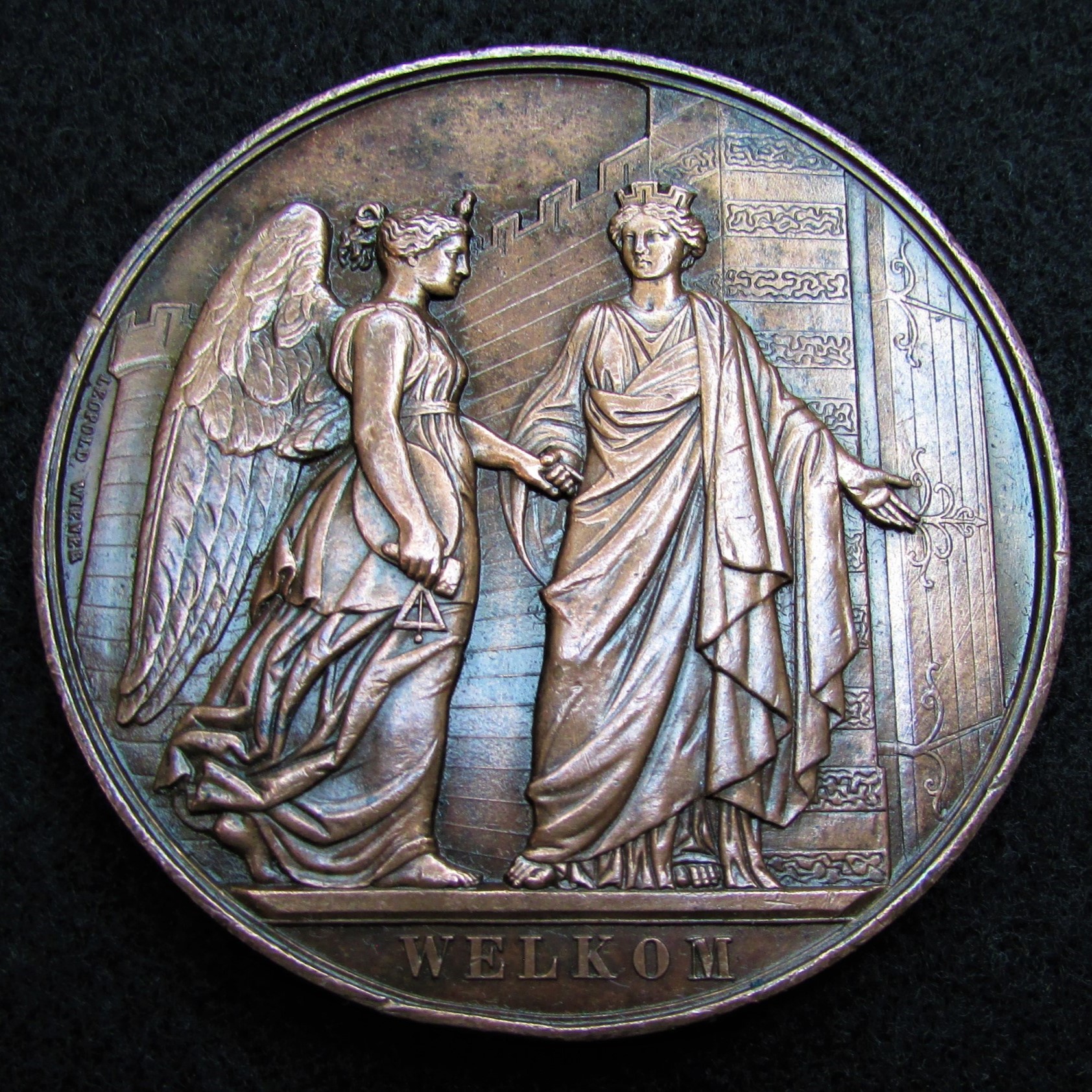 1861 Belgian Art Festival Medal - Welcoming Angel-Bull Harvest - obverse.JPG