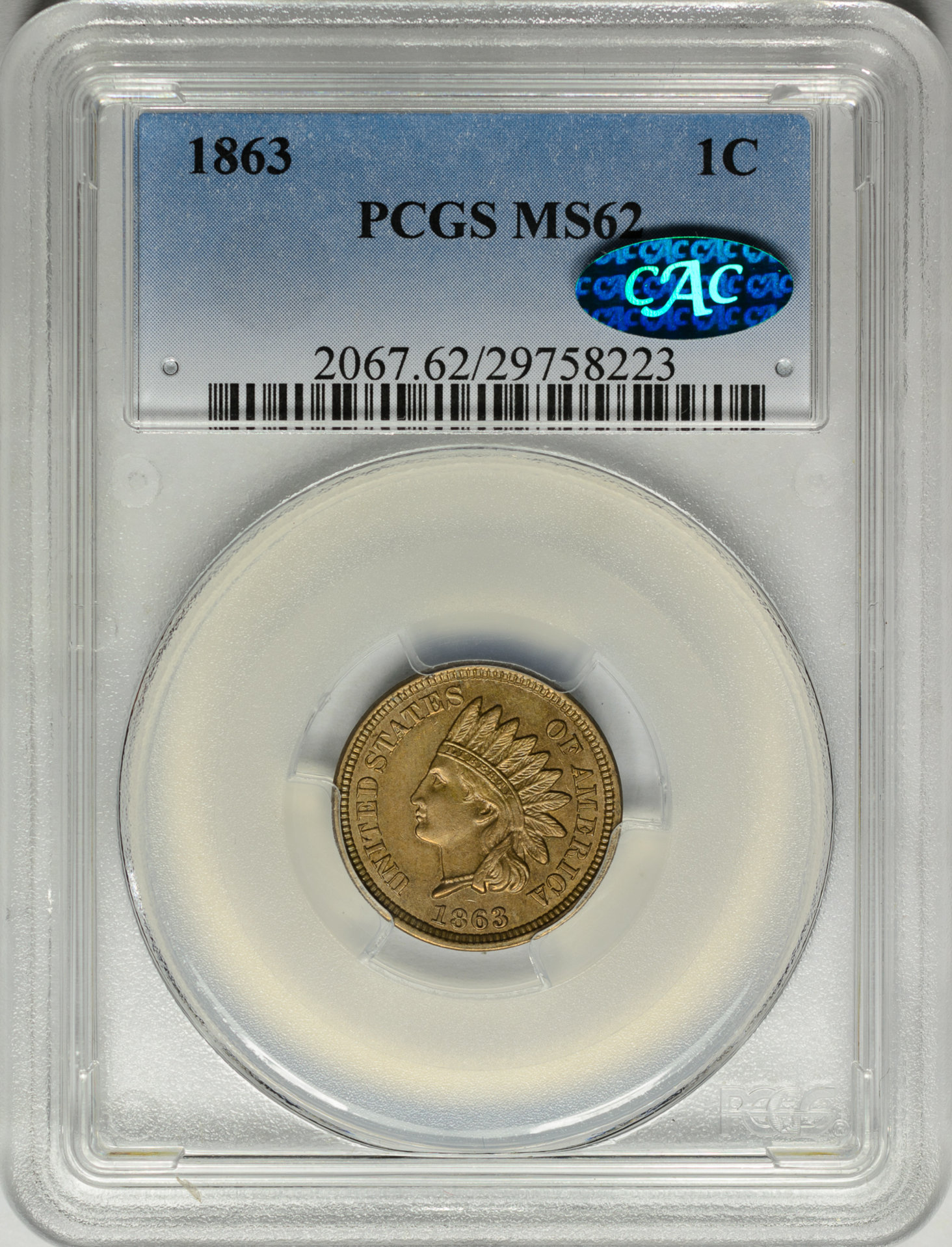 1863 1C CENT - INDIAN HEAD, COPPER-NICKEL WITH SHIELD PCGS MS62 29758223 CAC Obv Slab.jpg