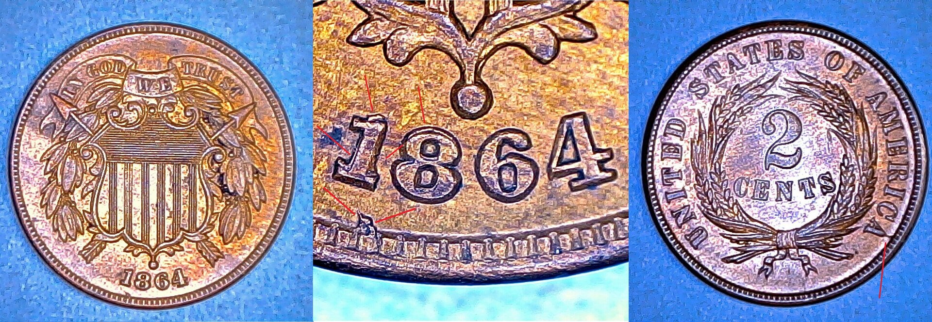 1864 Two Cent Piece Lg Motto Au Mint ErrorRepunched Date Cracked Die Cuds  Rorate 170'.jpg