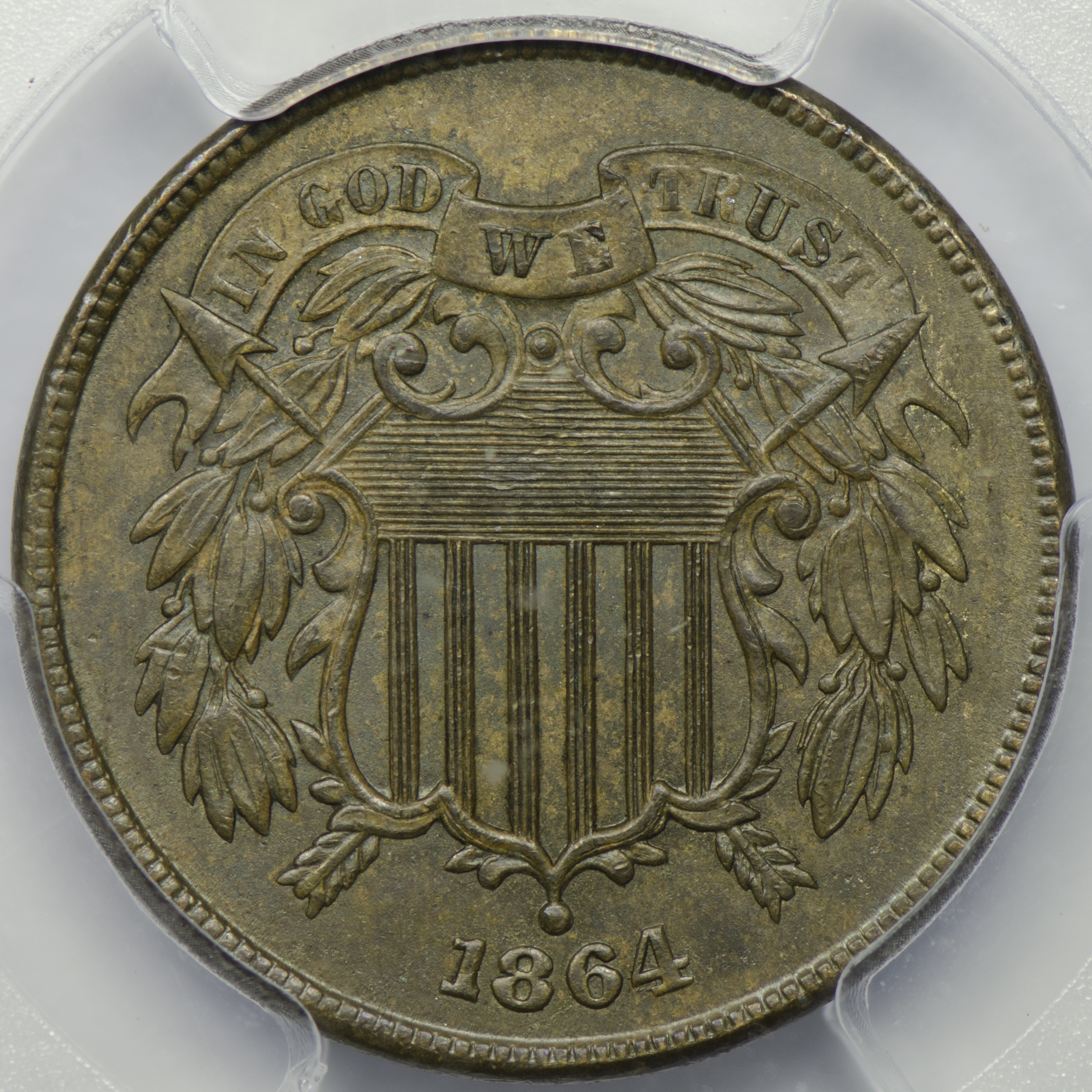 1864 TWO-CENT PIECE PCGS MS 62 LARGE MOTTO, BROWN, CAC Obv closeup f5.6 105mm-683.jpg