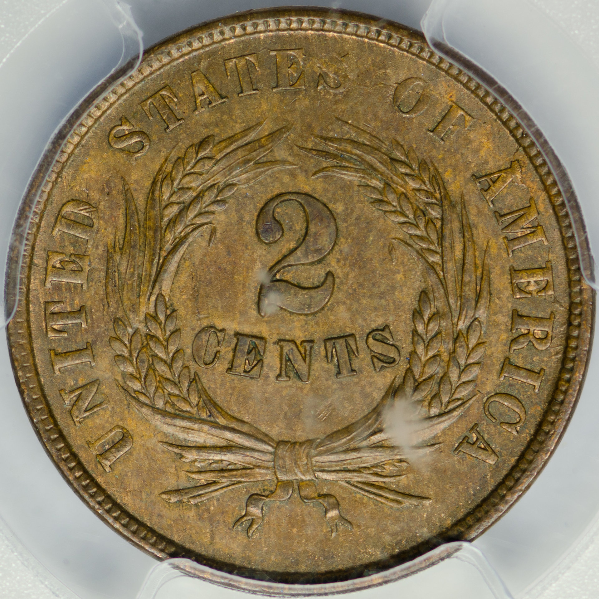 1864 TWO-CENT PIECE PCGS MS 62 LARGE MOTTO, BROWN, CAC Rev Closeup.jpg