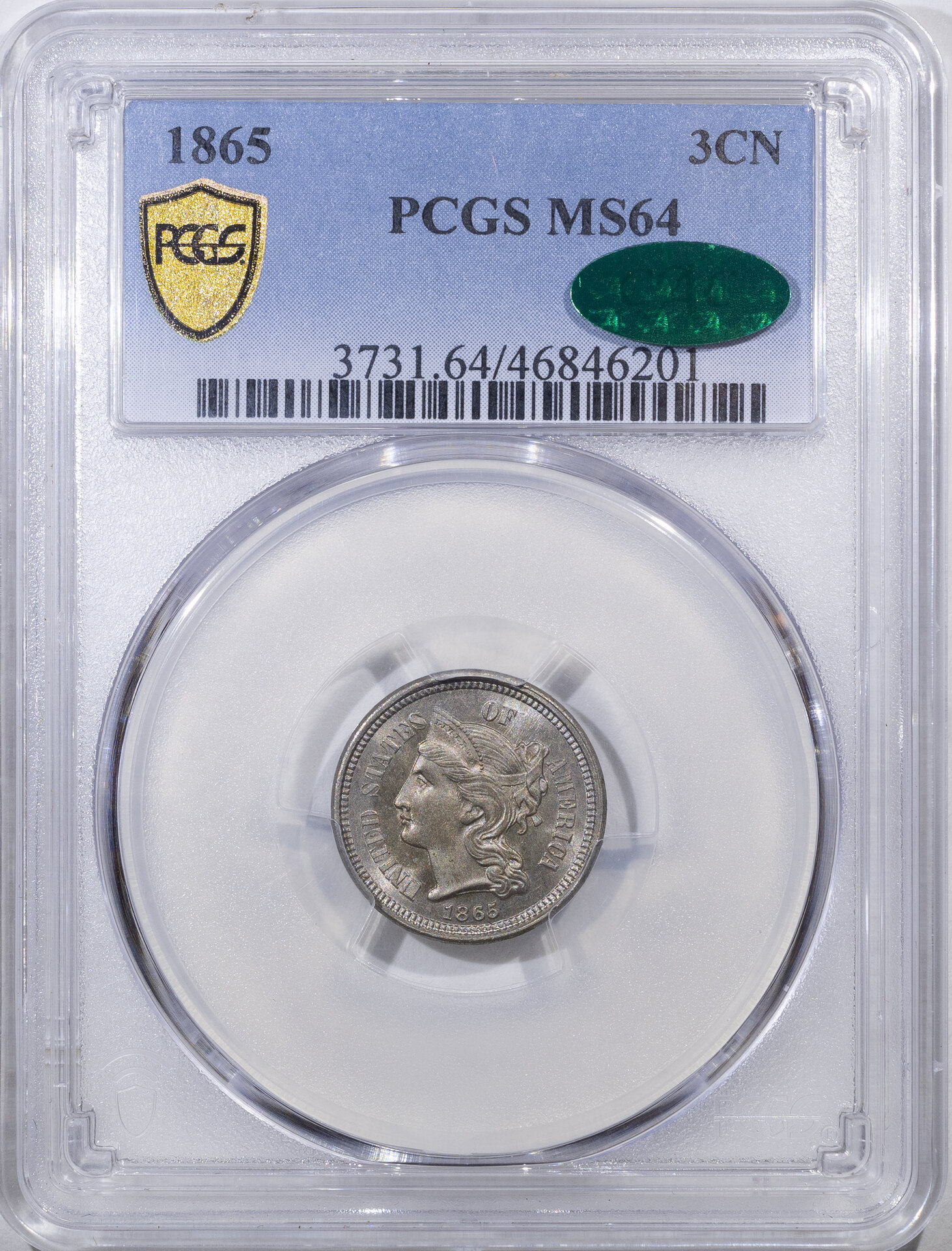 1865 3C THREE CENT PIECE - COPPER-NICKEL PCGS MS64 46846201 CAC Obv Slab.jpg