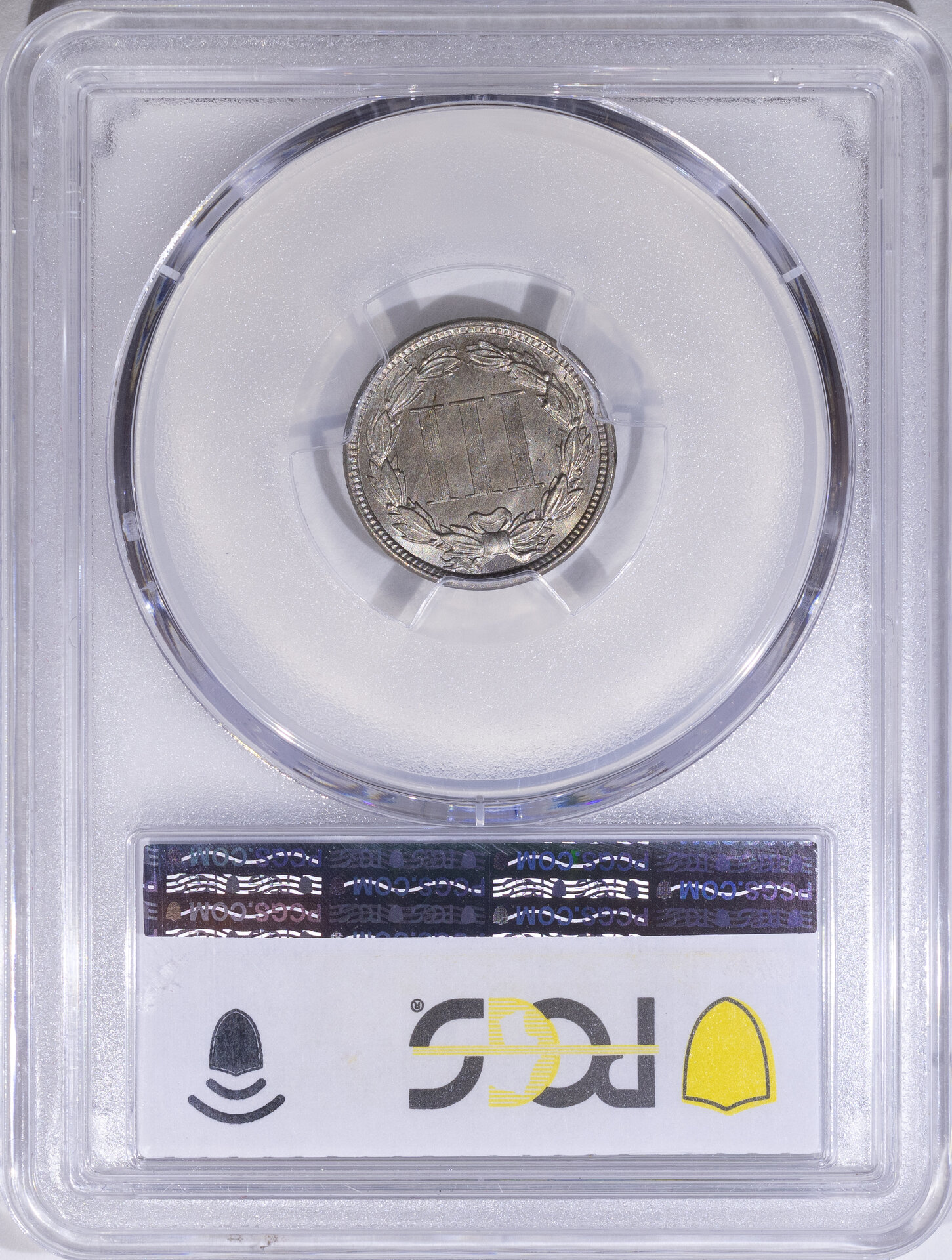 1865 3C THREE CENT PIECE - COPPER-NICKEL PCGS MS64 46846201 CAC Rev Slab.jpg