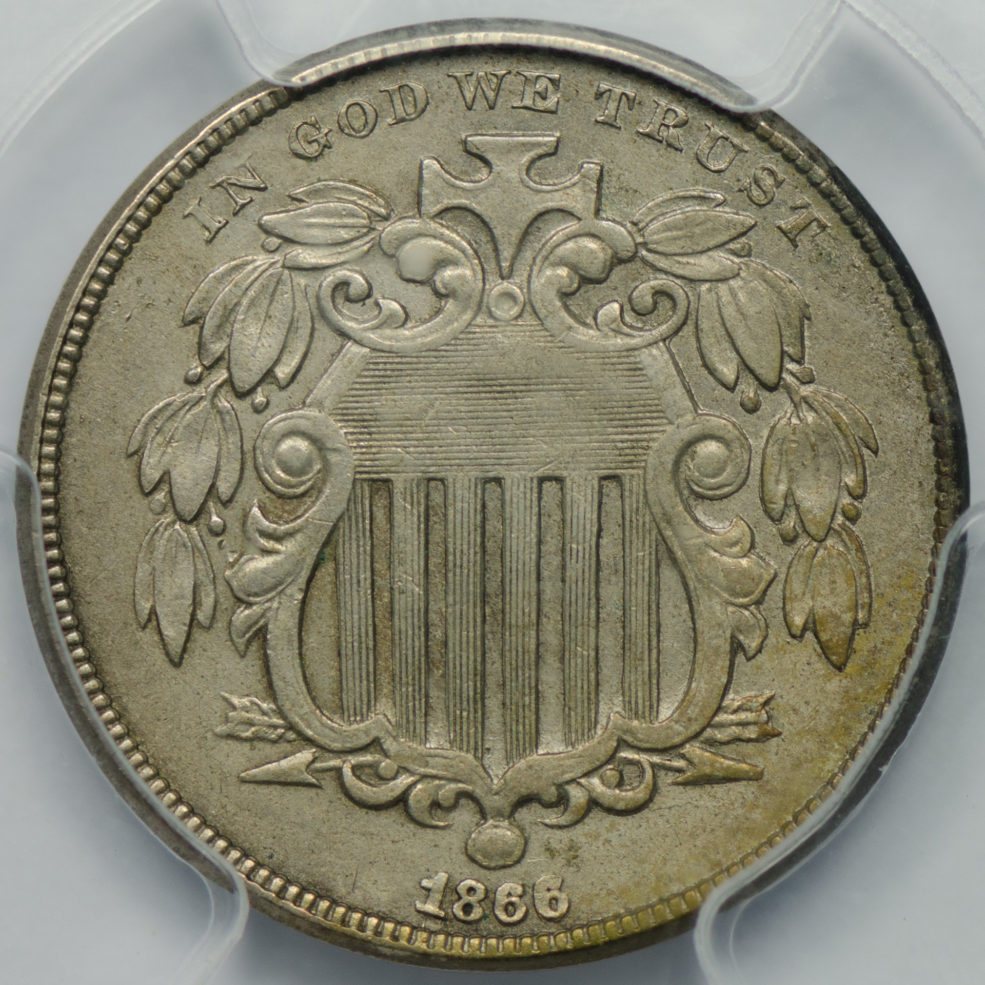 1866 5C FIVE-CENT PIECE - SHIELD, RAYS PCGS XF45 24715978 CAC Obv Closeup-690.jpg