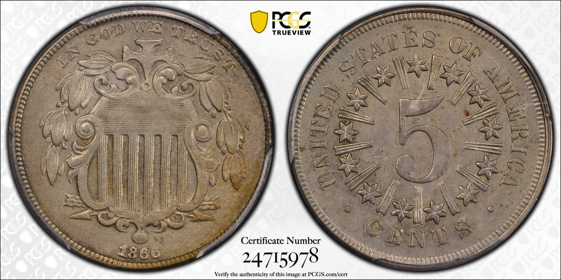 1866 5C Five-Cent Piece - Shield, Rays PCGS XF45 24715978 CAC TrueView Full.jpg