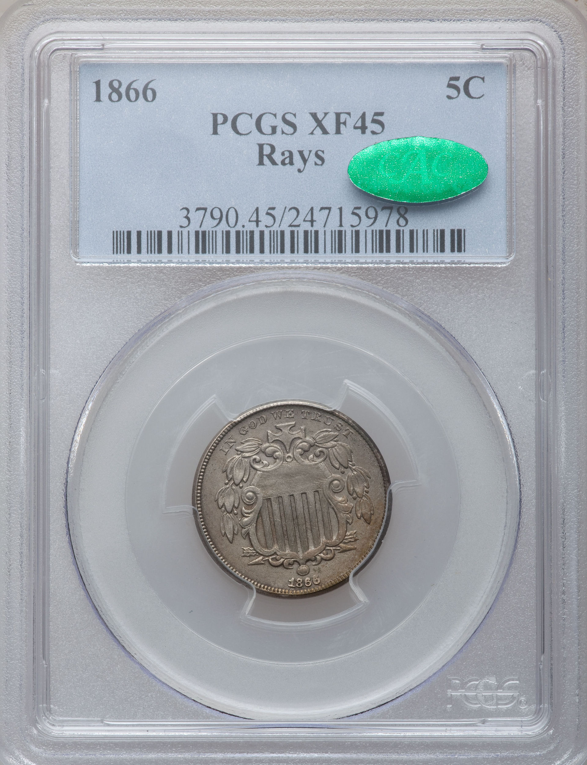 1866 5C with Rays PCGS XF45 CAC Obv Slab HA.jpg