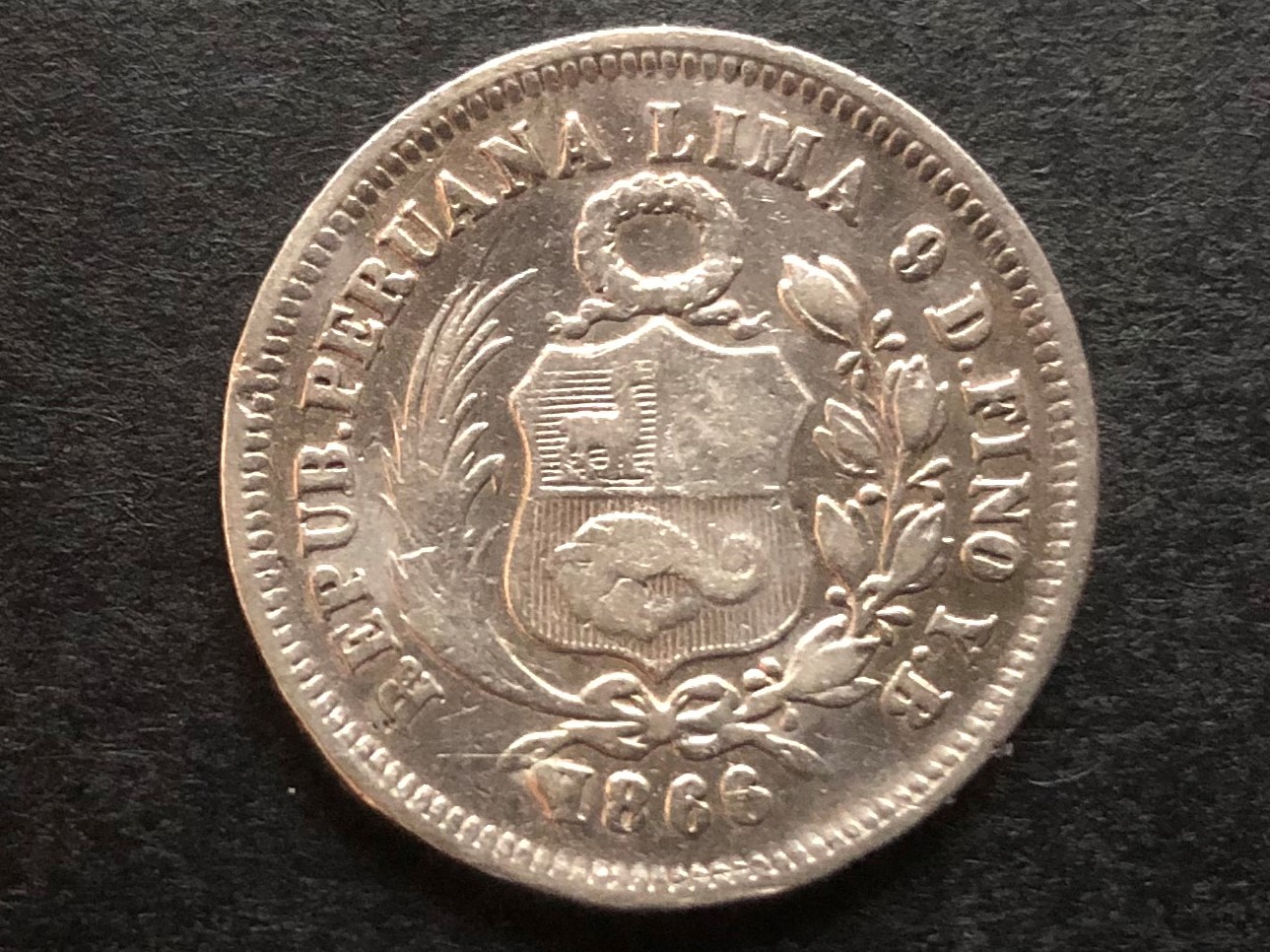 Quarter roll: 1866 Peru 1/5 Sol. .900 silver Lima mint ...