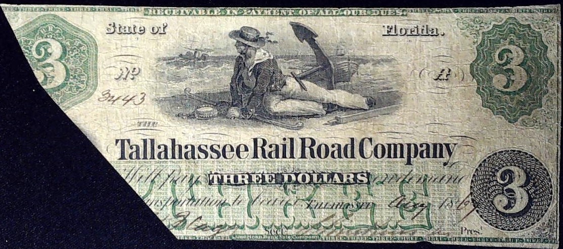 1867 $3.00 Tallahassee Railroad Company, Florida.jpg