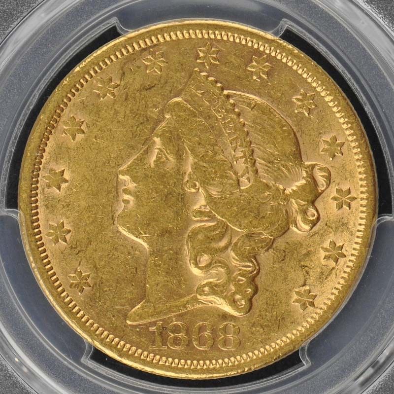 1868-S $20 gold, AU55, CAC, obv..jpg