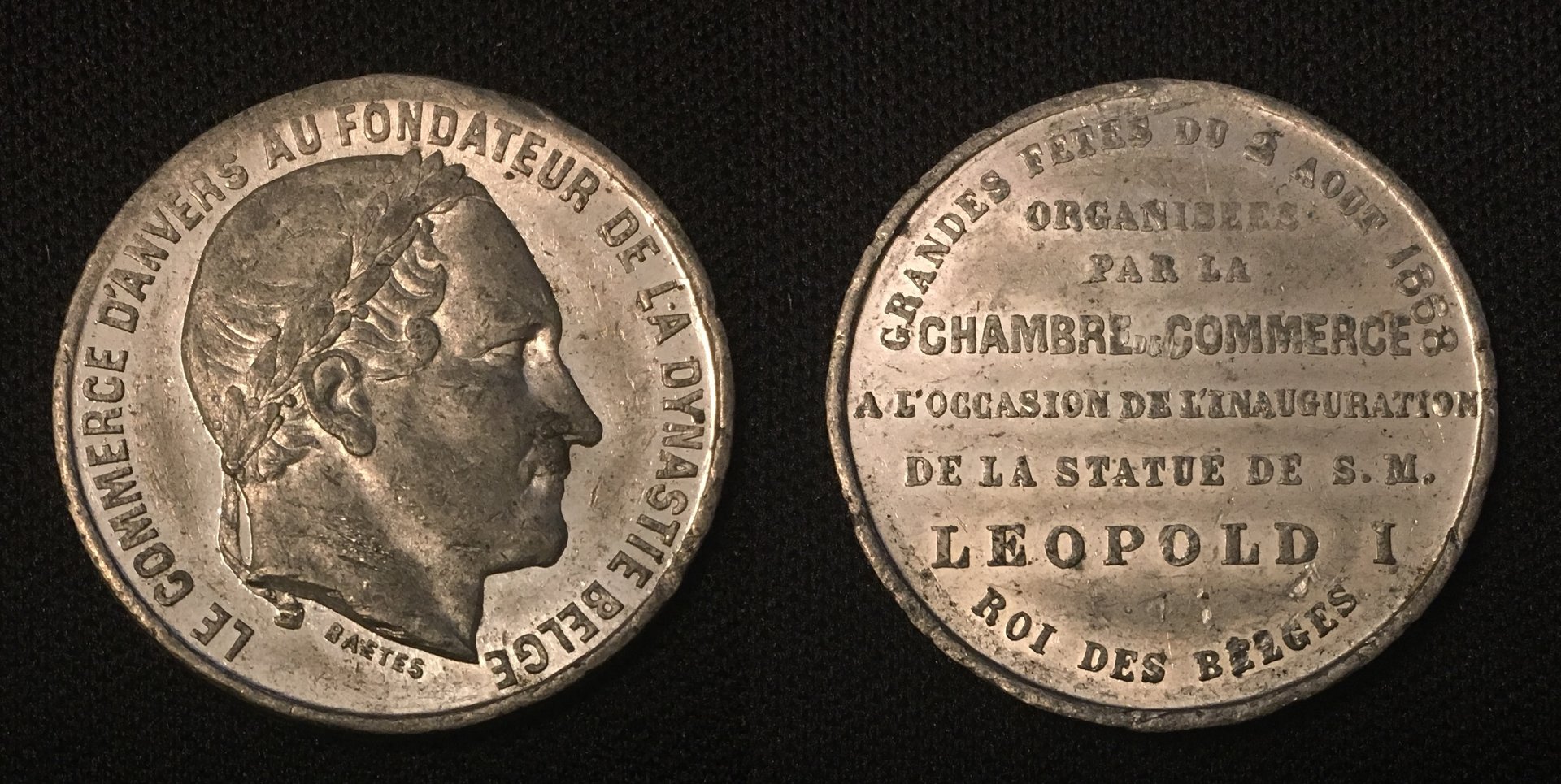 1868 White Medal Token - Inauguration of the statue of King of the Belgians, Leopold I.jpg