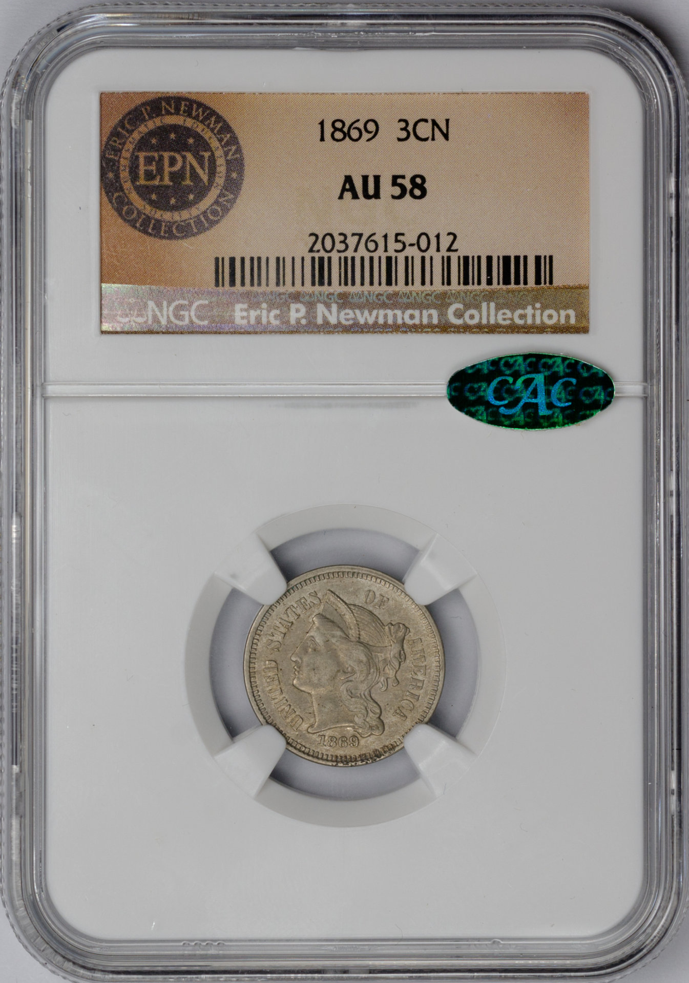 1869 3C THREE-CENT PIECE - COPPER-NICKEL NGC AU58 2037615-012 CAC Obv Slab.jpg