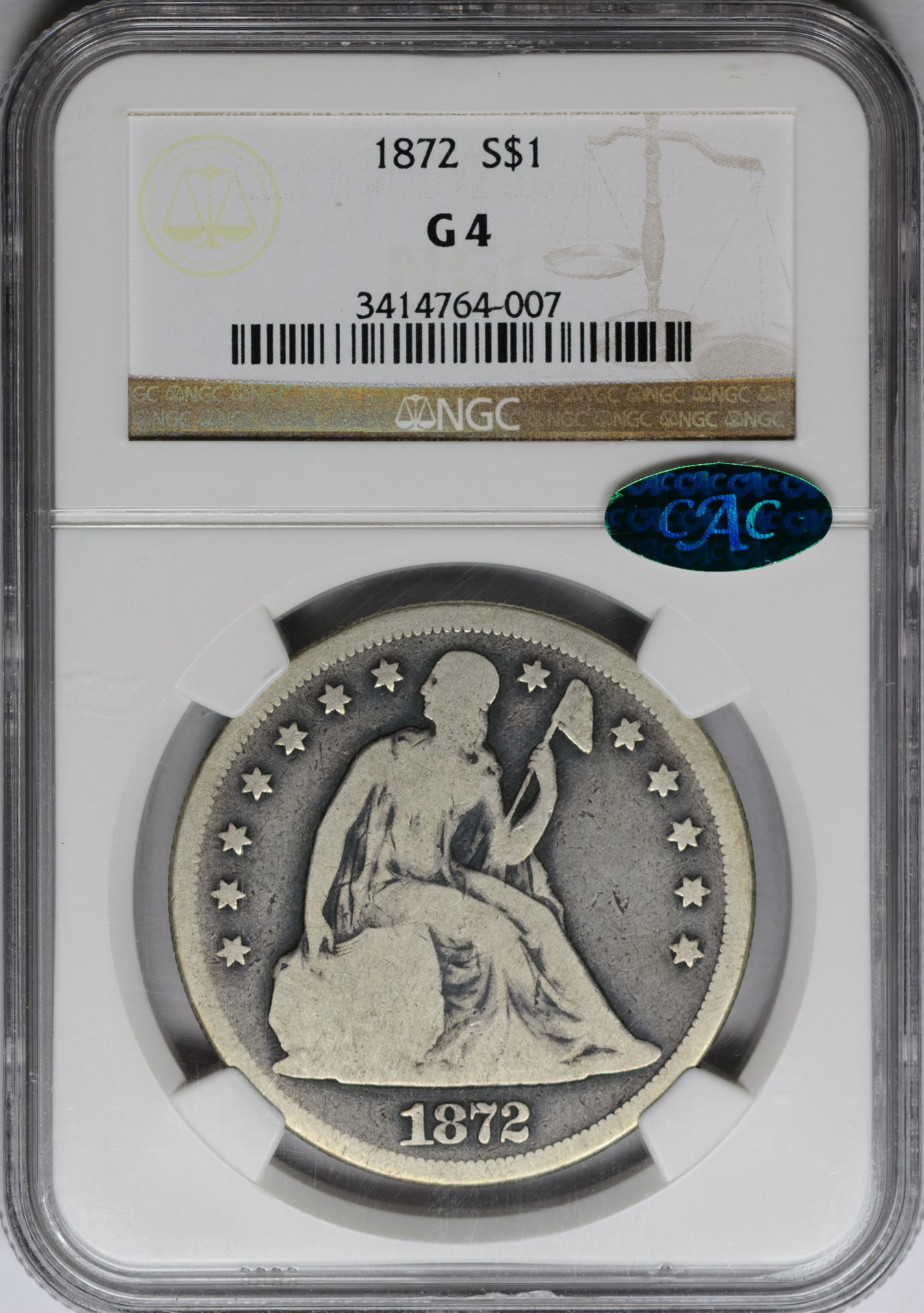 1872 $1 SILVER DOLLAR - SEATED LIBERTY, MOTTO NGC G4 3414764-007 CAC Obv Slab.jpg