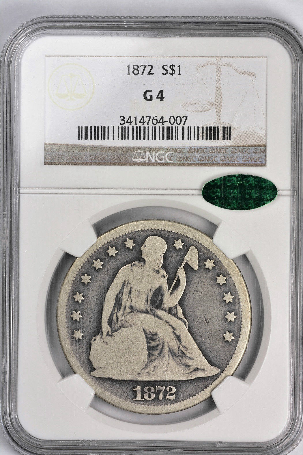 1872 $1 SILVER DOLLAR - SEATED LIBERTY, MOTTO NGC G4 3414764-007 CAC Obv Slab Seller.jpg