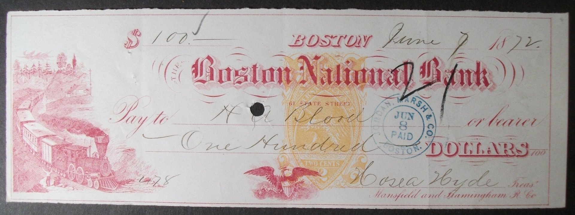 1872 Boston National Bank Check, Mansfield and Framingham Railroad Co.jpg