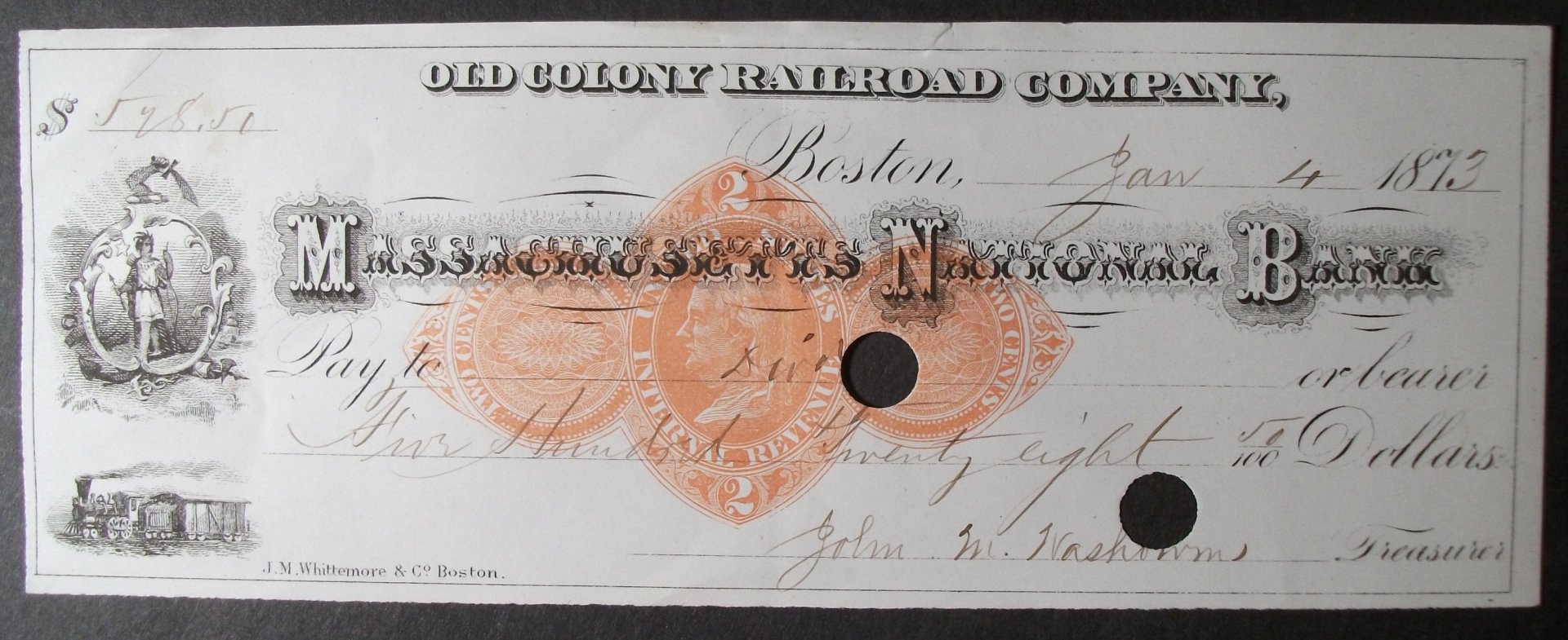 1873 Massachusetts National Bank, Old Colony Railroad Comp. Check.jpg