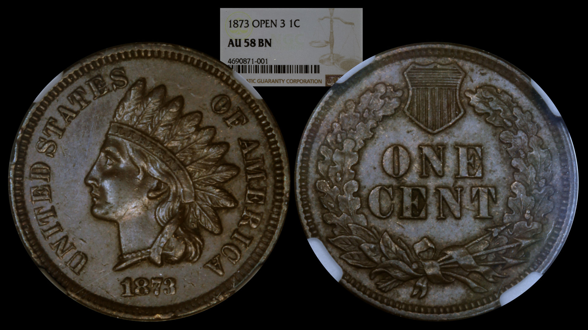 1873 Open 3 Indian Cent NGC AU58BN.jpg