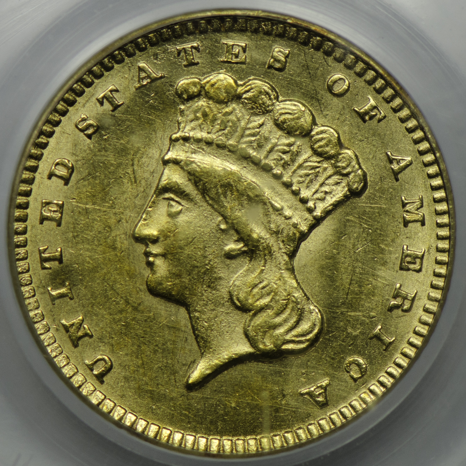 1874 GOLD DOLLAR - TYPE 3 PCGS MS 58, CAC green $1 Obv Closeup.JPG