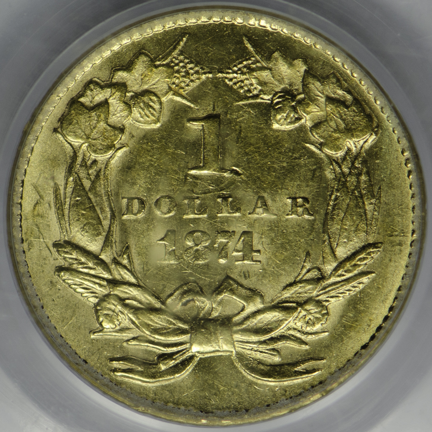 1874 GOLD DOLLAR - TYPE 3 PCGS MS 58, CAC green $1 Rev Closeup.JPG