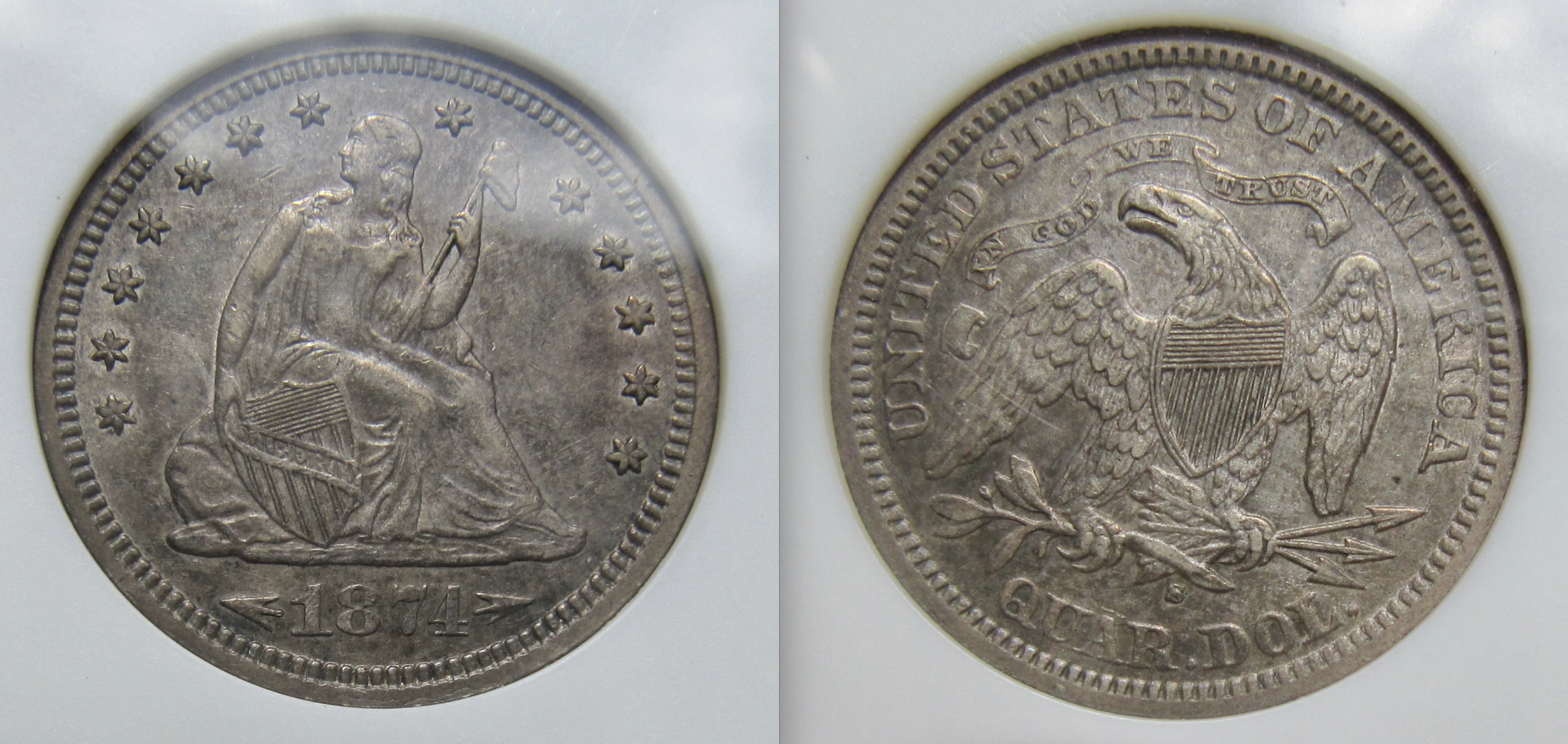 1874 S quarter - Anacs AU 55 cleaned net 40 - OBV:REV - OKP.png