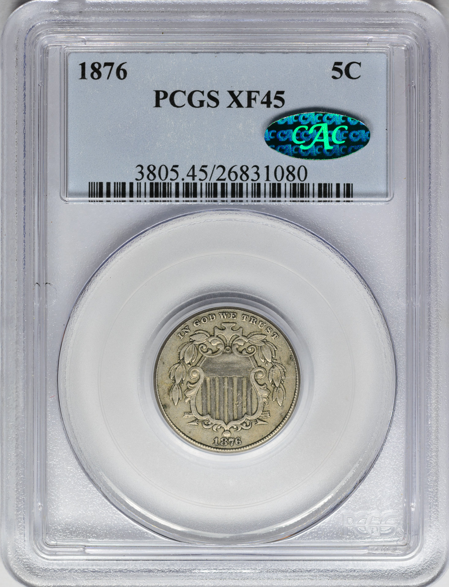 1876 5C FIVE-CENT PIECE - SHIELD, NO RAYS PCGS XF45 26831080 CAC Obv Slab v2.jpg