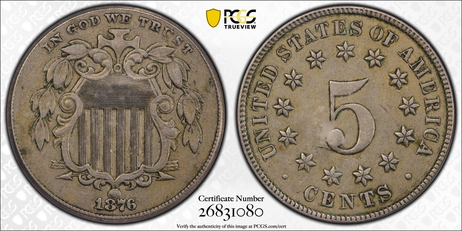 1876 5C Five-Cent Piece - Shield, No Rays PCGS XF45 26831080 CAC TrueView Full.jpg